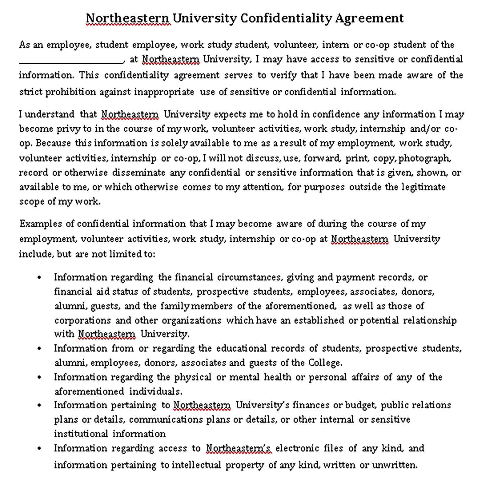 Templates Student Financial Confidentiality Agreement Sample