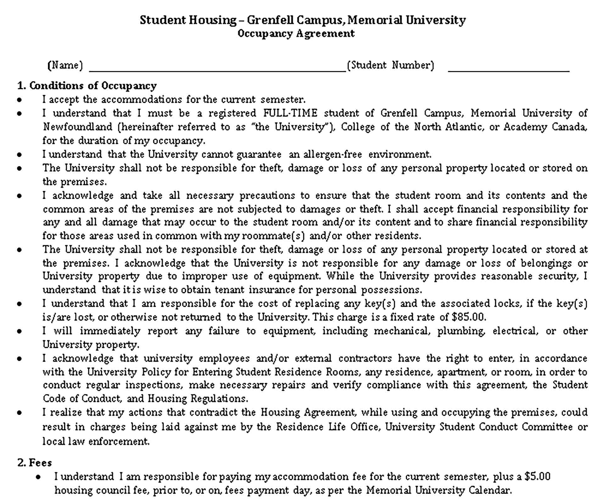 Templates Student Housing Occupancy Agreement Sample