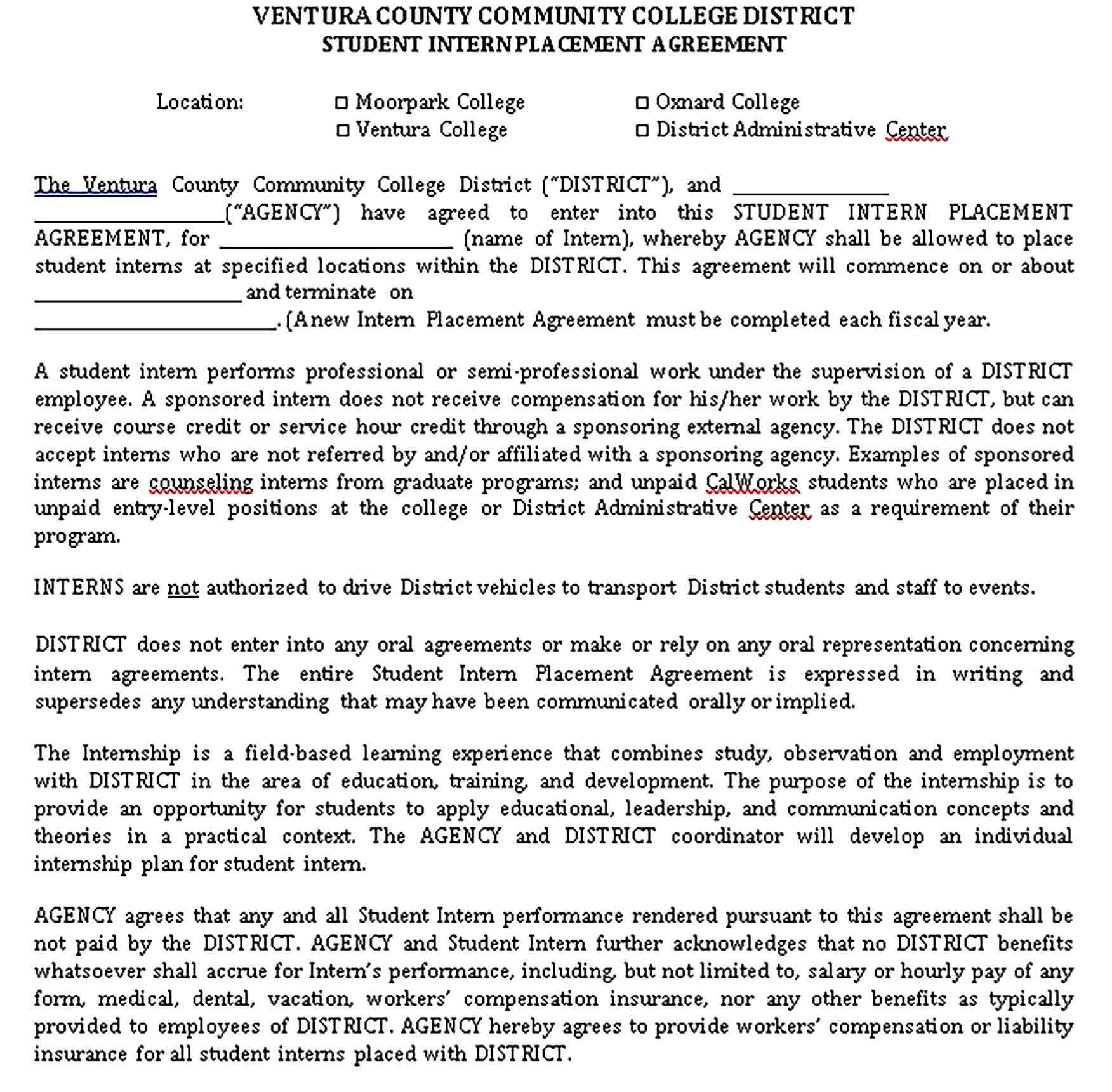 Templates Student Intern Placement Agreement Sample
