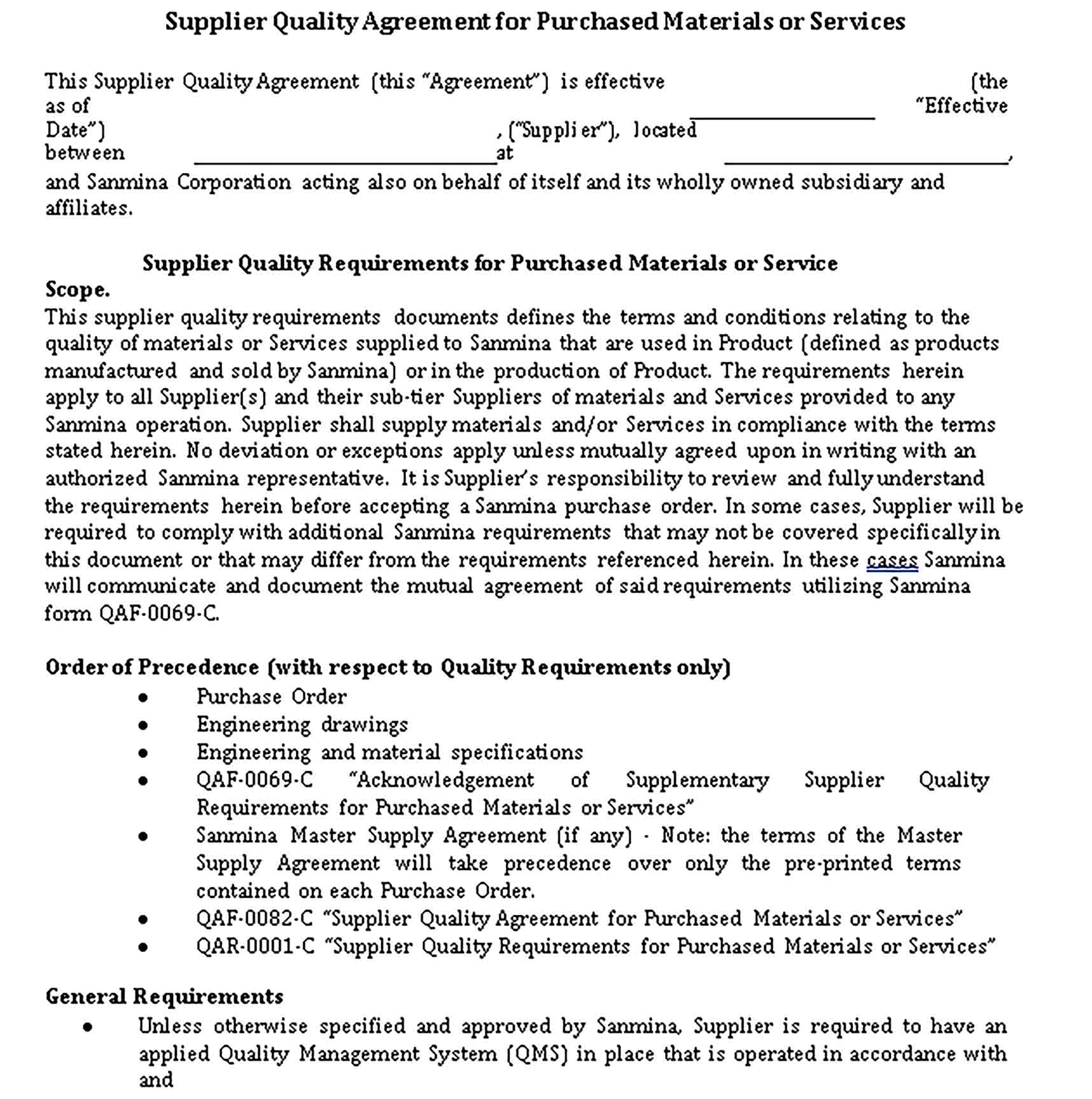Templates Supplier Quality Agreement Sample