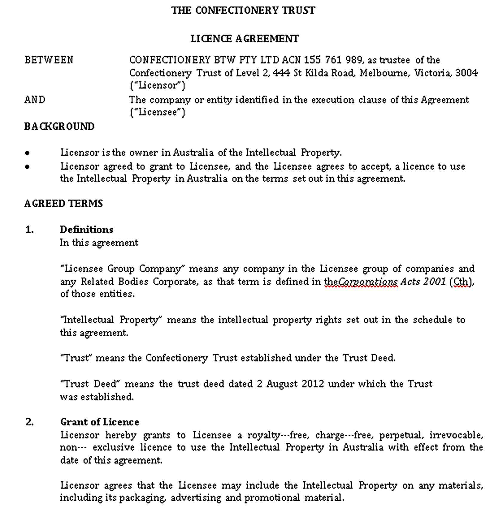 Templates The Confectionery Trust License Agreement Sample