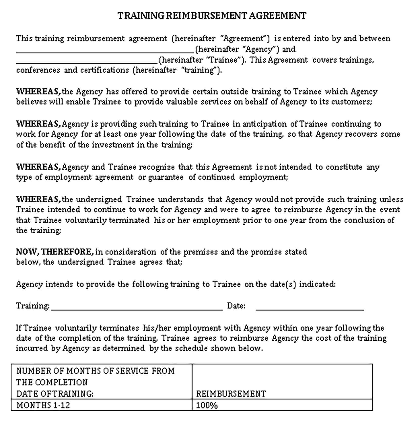 Templates Training Reimbursement Agreement Sample 001