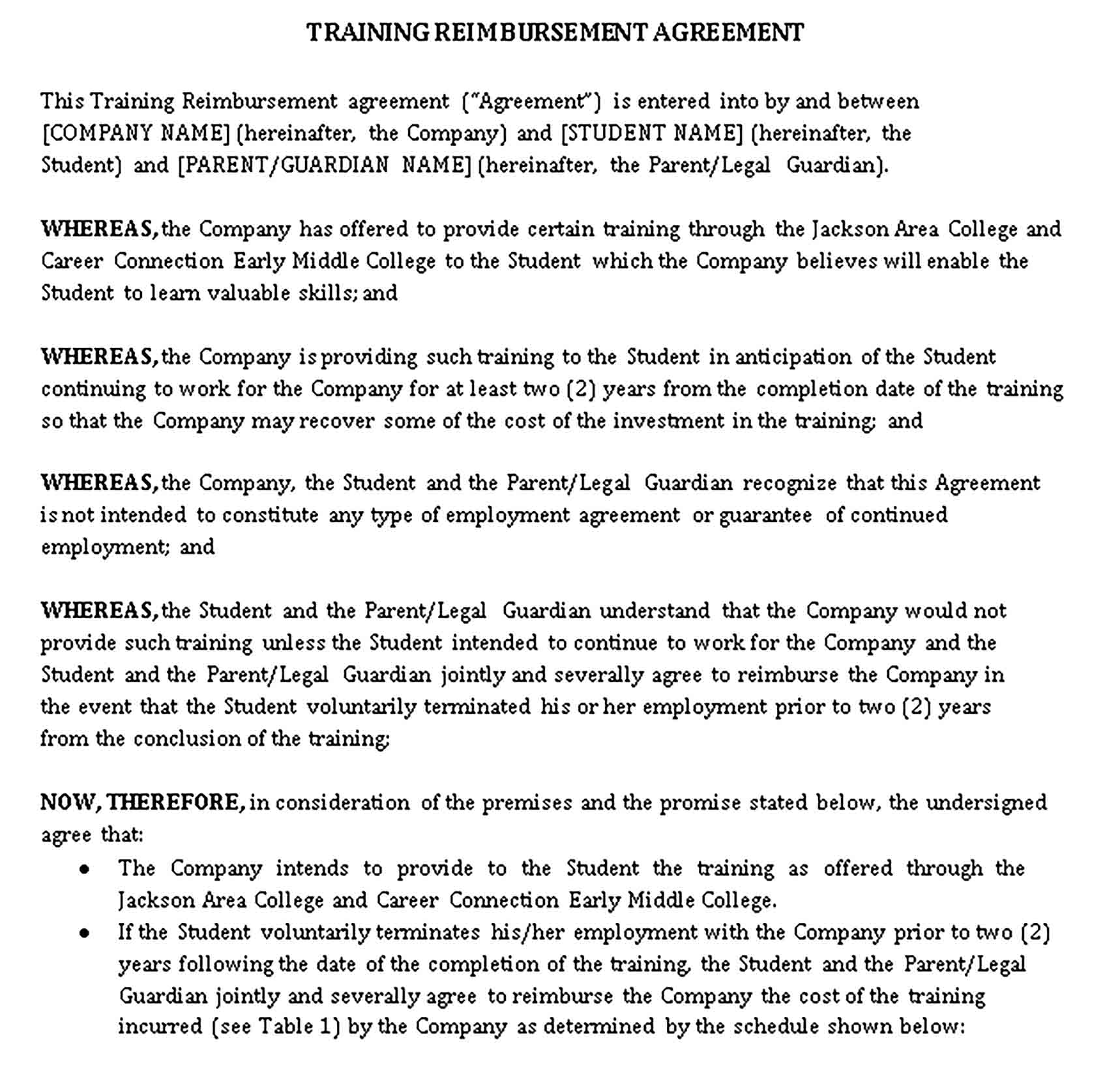 Templates Training Reimbursement Agreement Sample 002