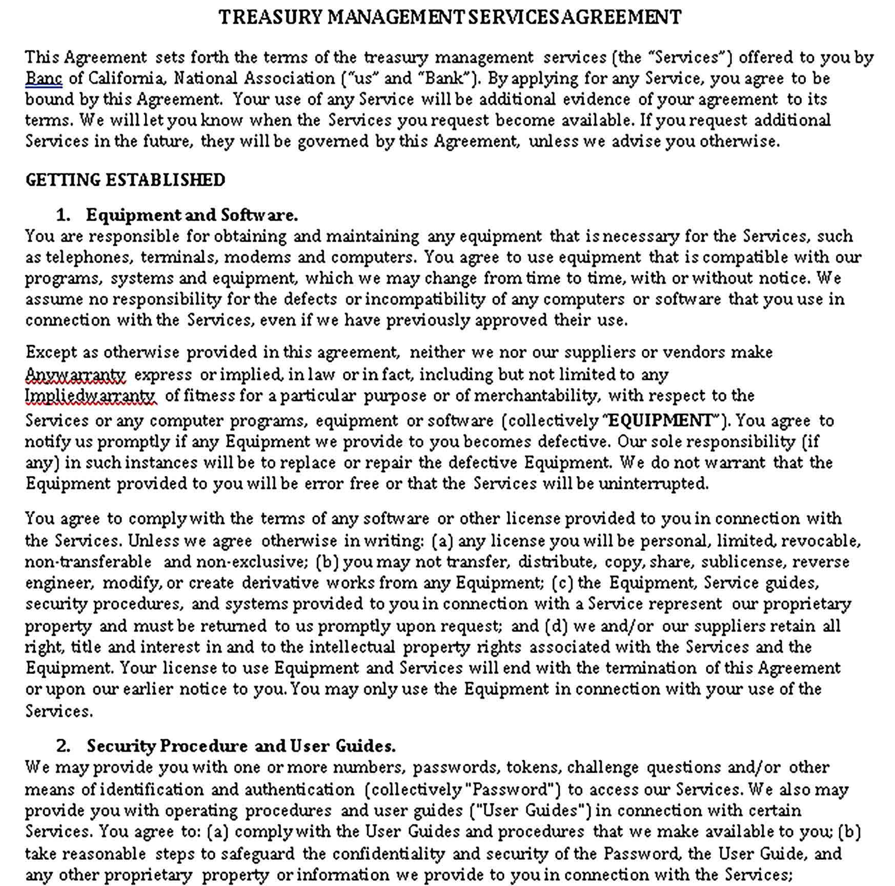 Templates Treasury Management Services Agreement Sample