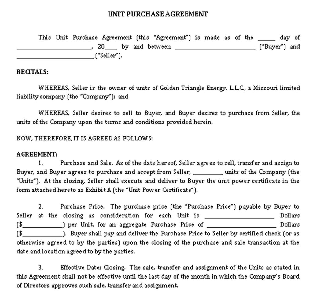 Templates Unit Purchase Agreement Sample