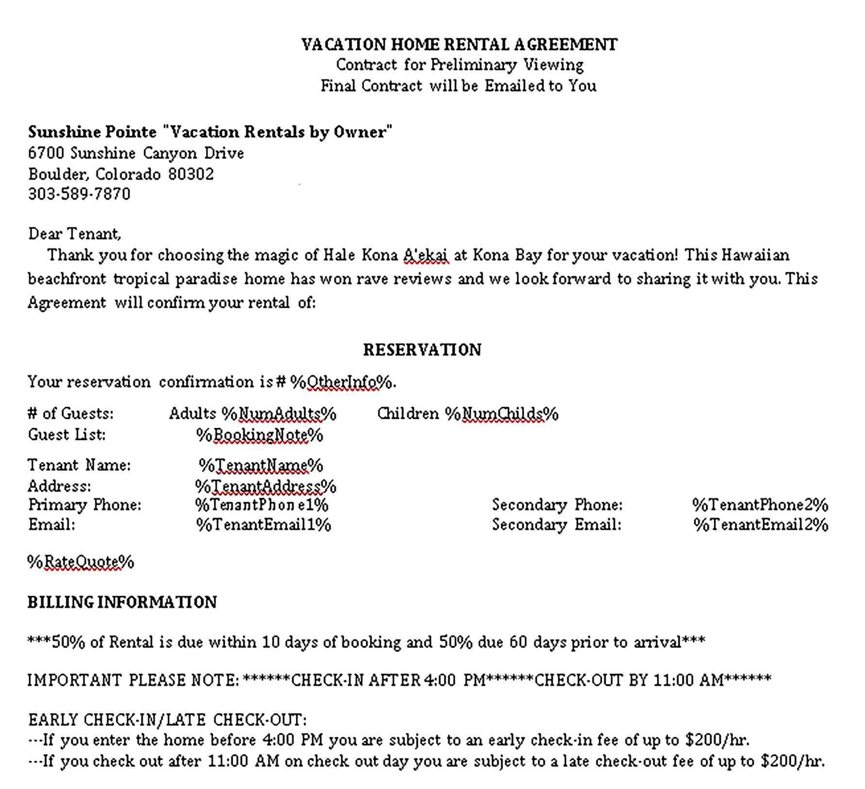 Templates Vacation House Rental Agreement Sample