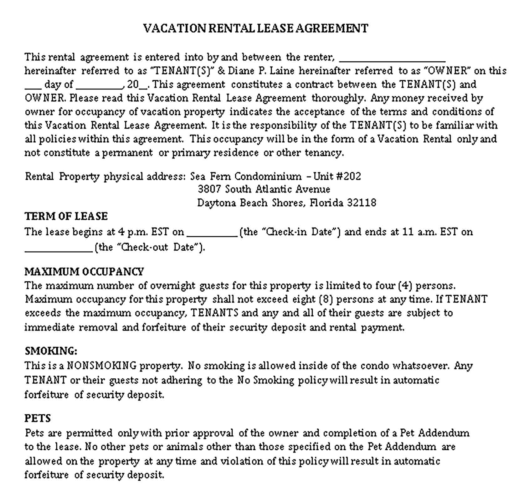 Templates Vacation Rental Lease Agreement Sample
