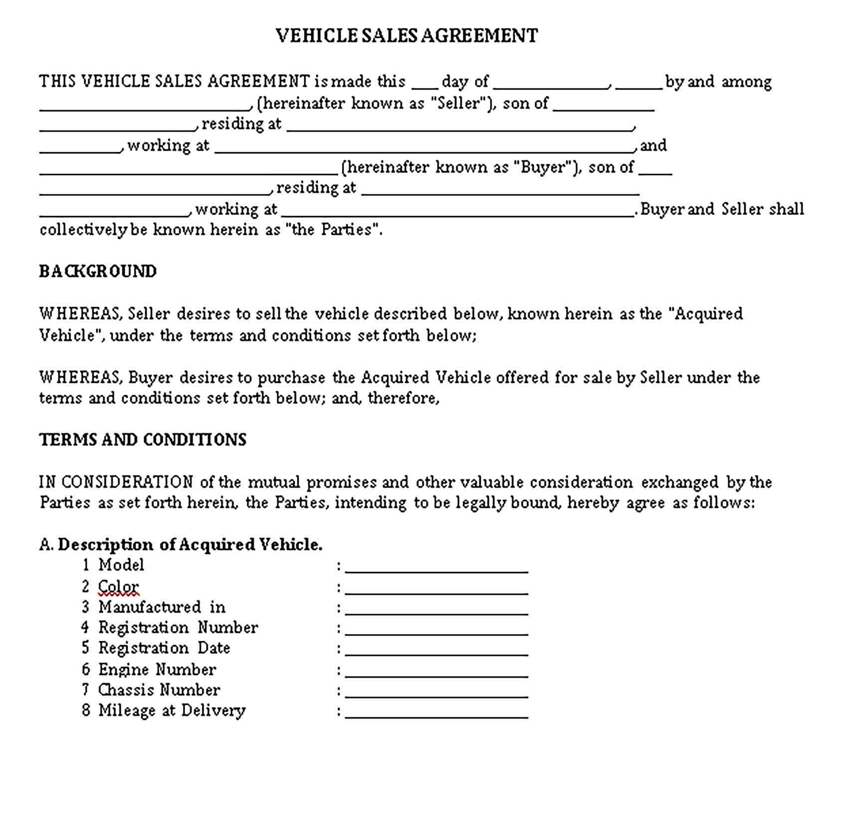 Templates Vehicle Sale Agreement in Sample