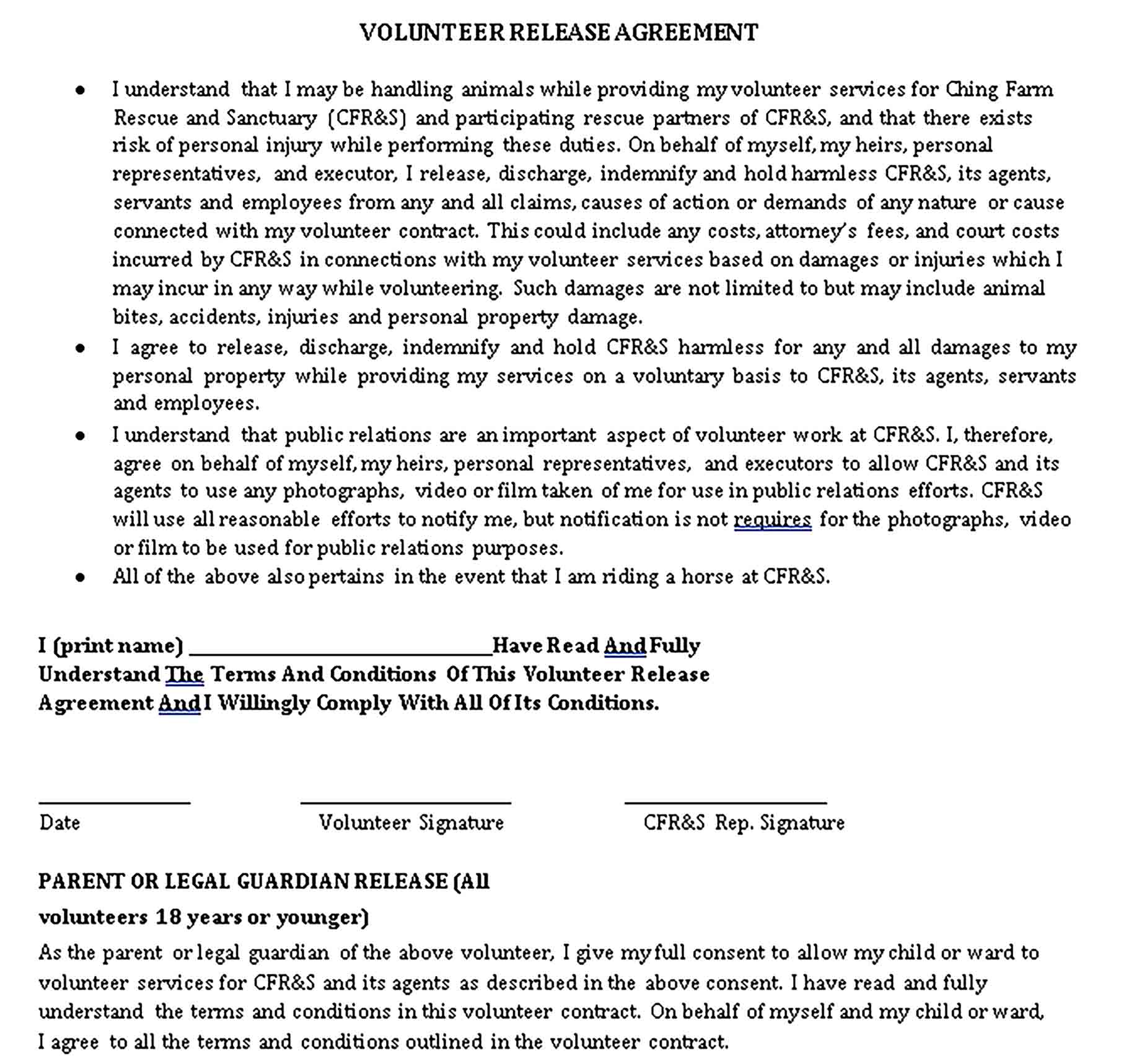 Templates Volunteer Agreement Sample