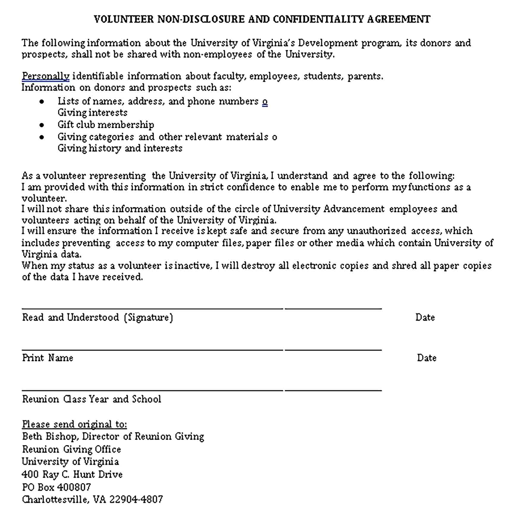 Templates Volunteer Non Disclosure and Confidentiality Agreement Sample