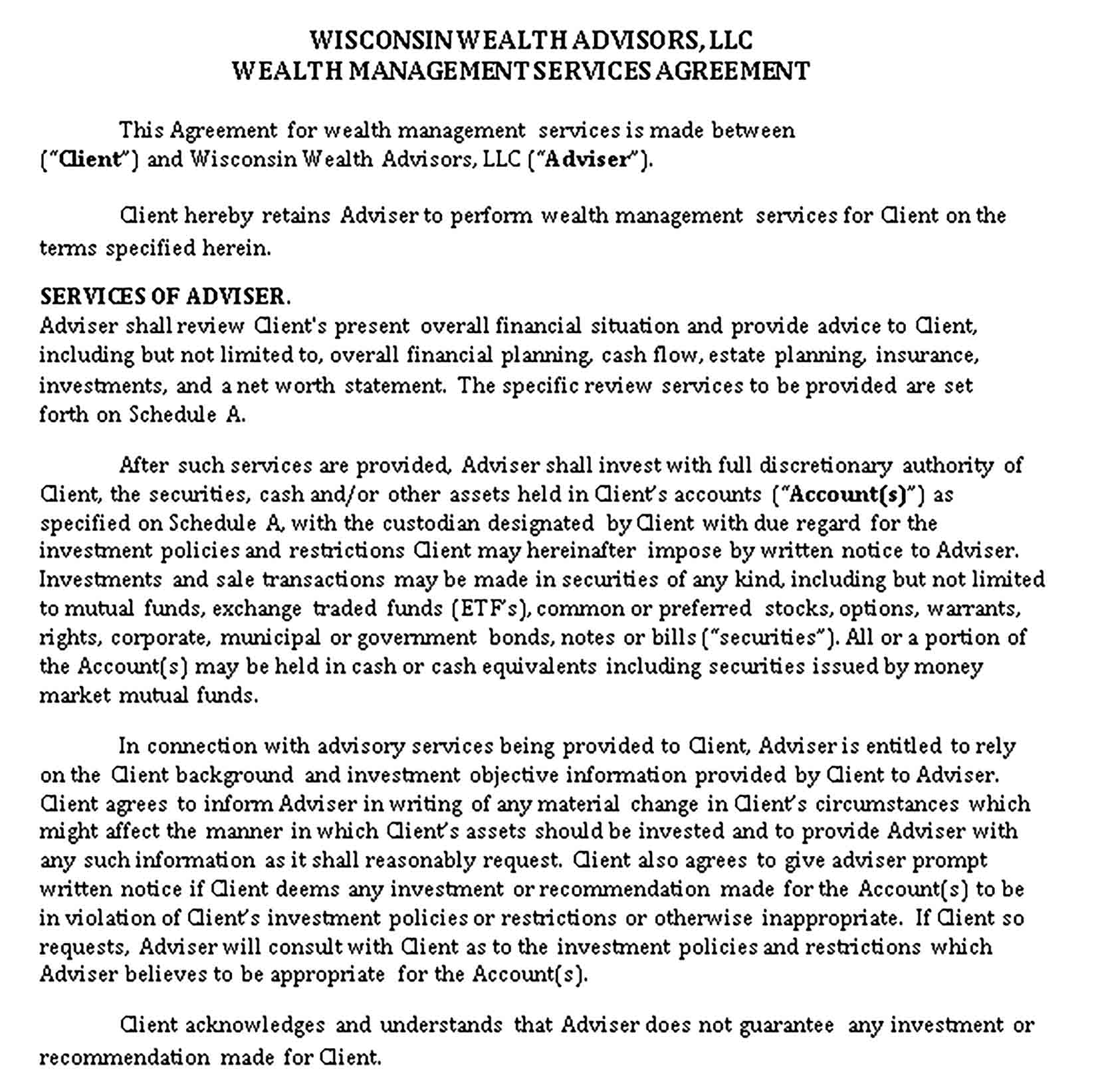 Templates Wealth Management Services Agreement Sample