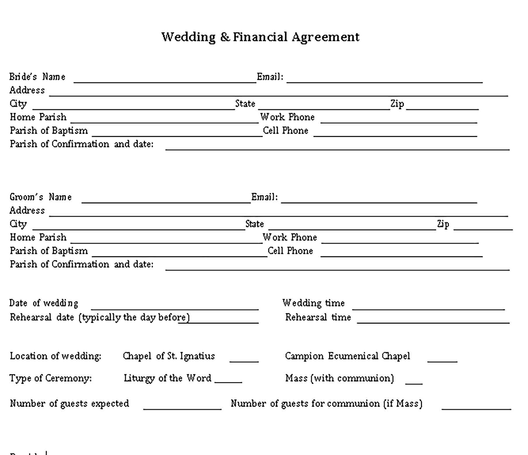 Templates Wedding Finance Agreement Sample