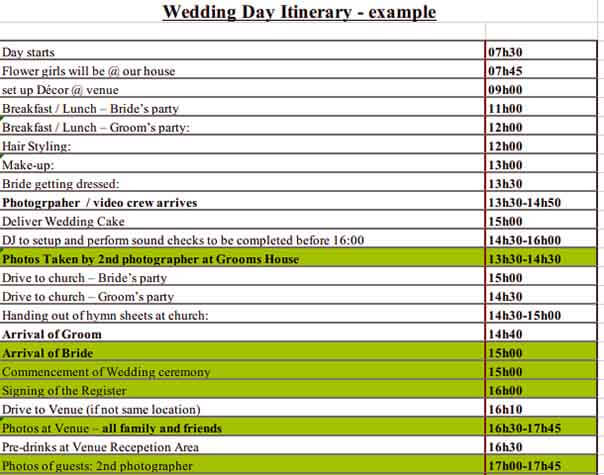 Templates Wedding Itinerary Example