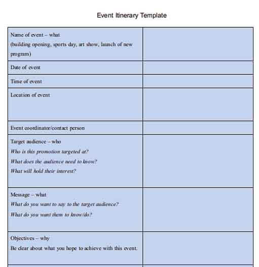 Templates blank event itinerary Example