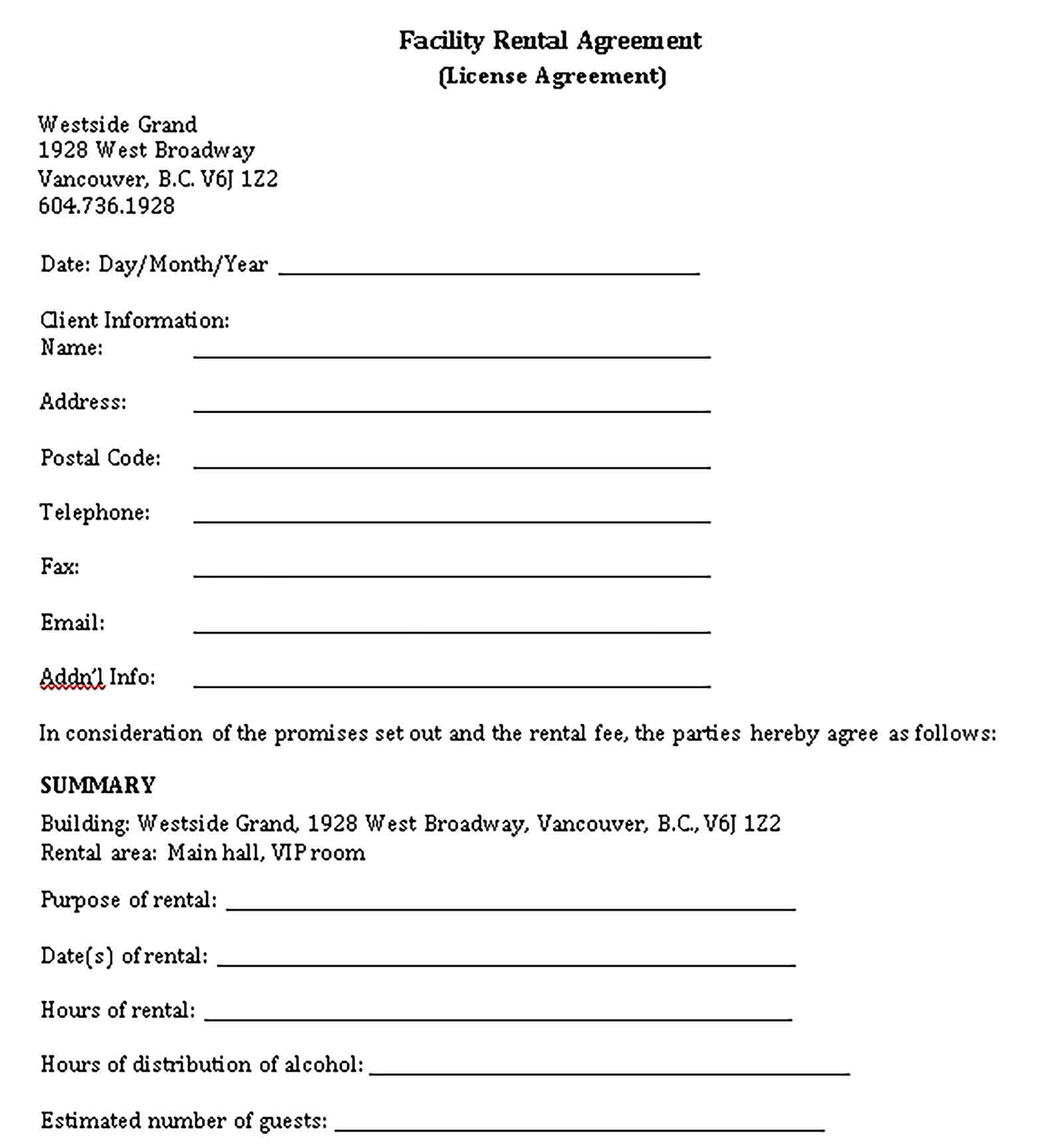 Templates facility rental agreement Sample 002