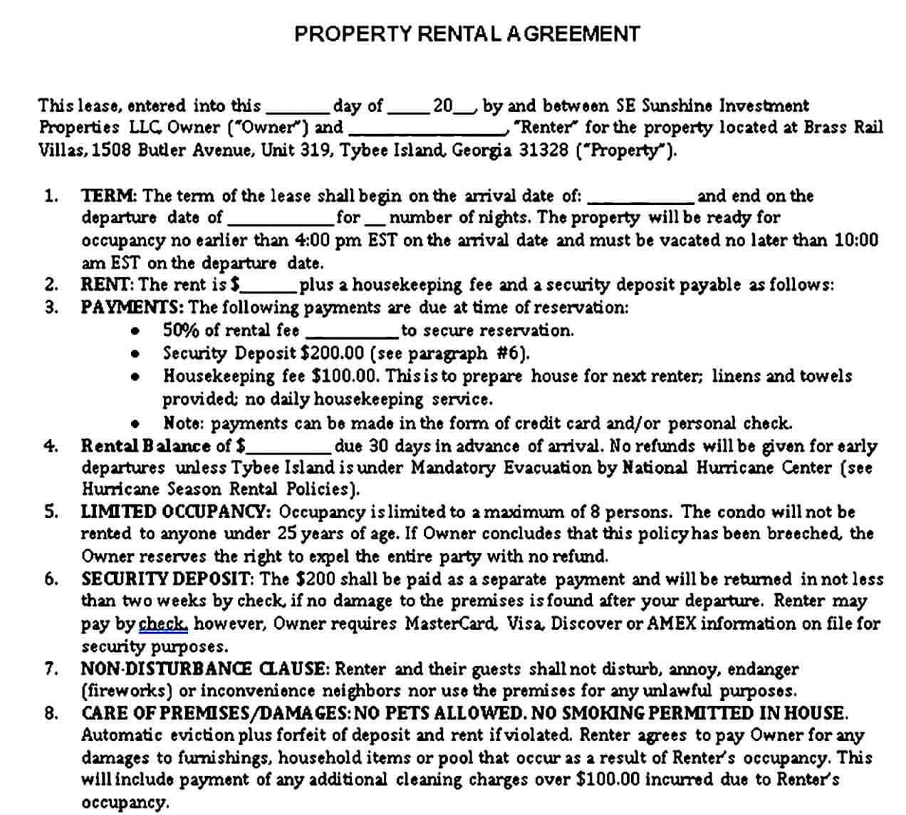 Vacation Property Rental Agreement