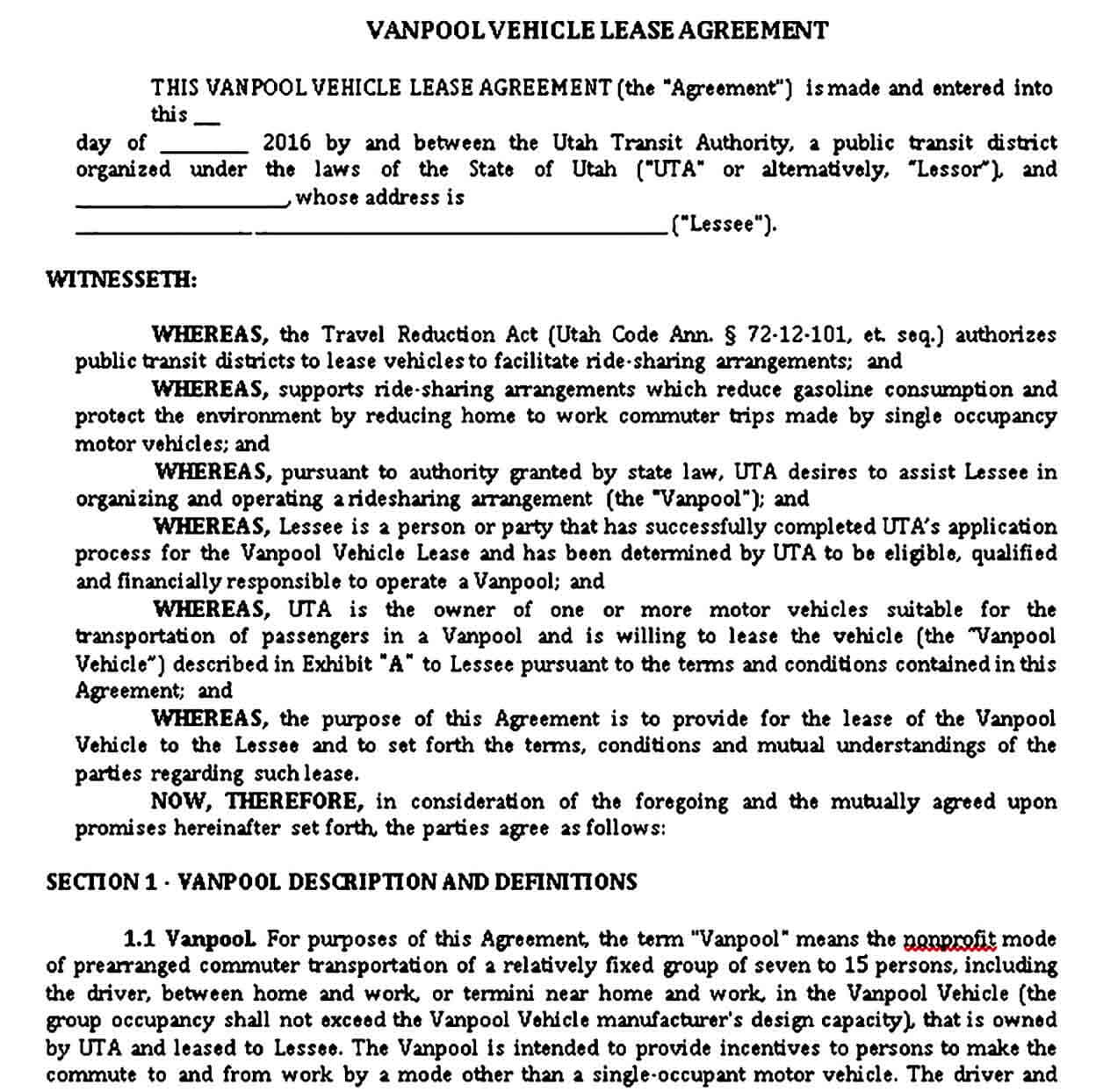 Vanpool Vehicle Lease Agreement Template