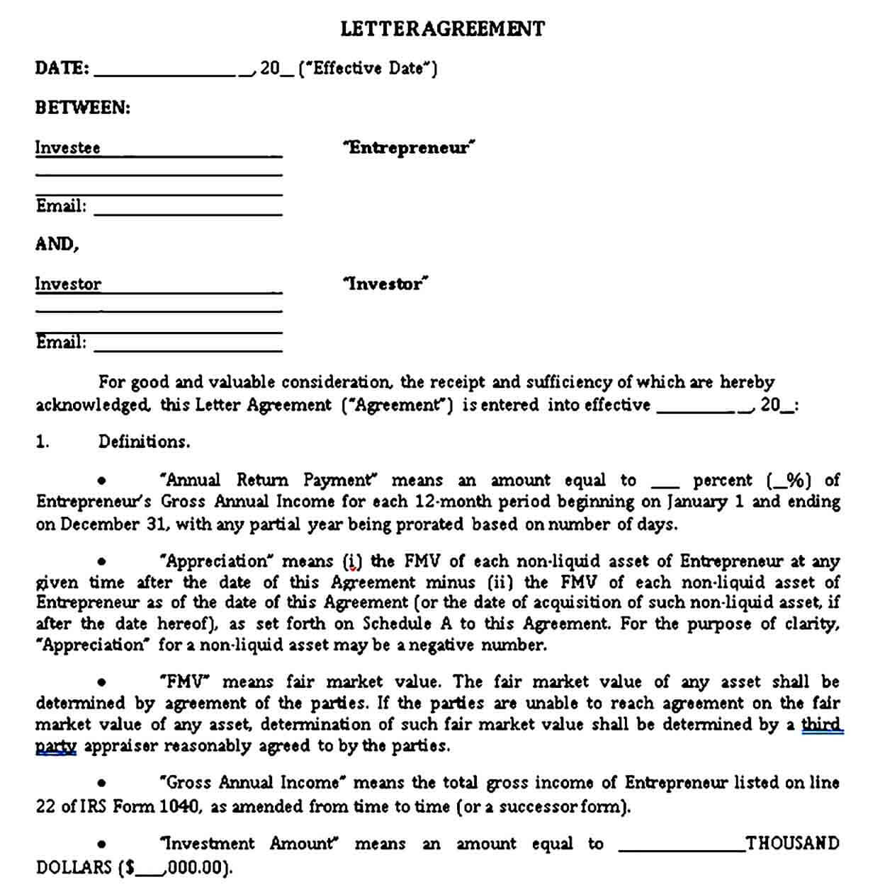 Venture Capital Letter Investment Agreement Template
