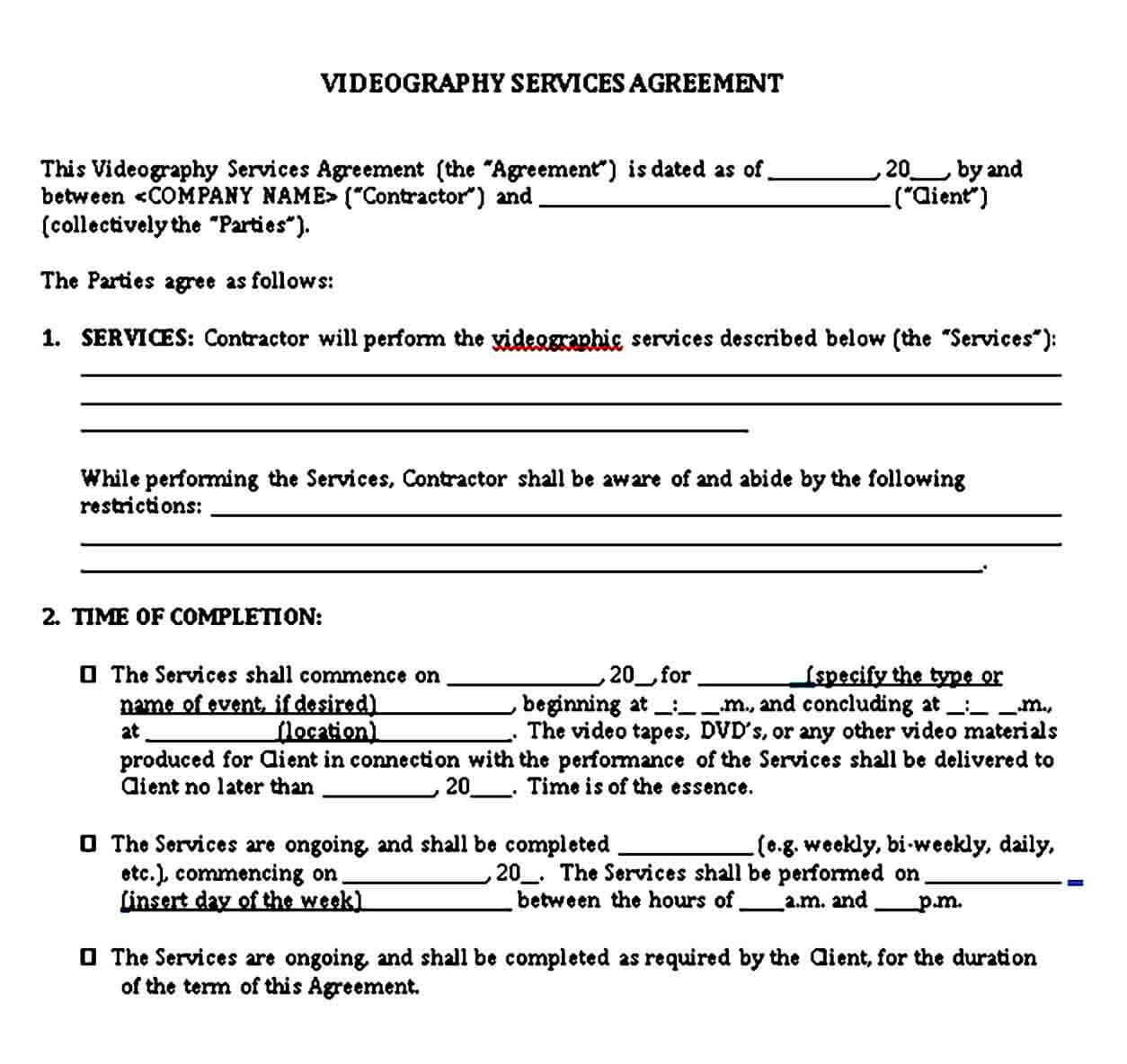 Videography Services Agreement Template