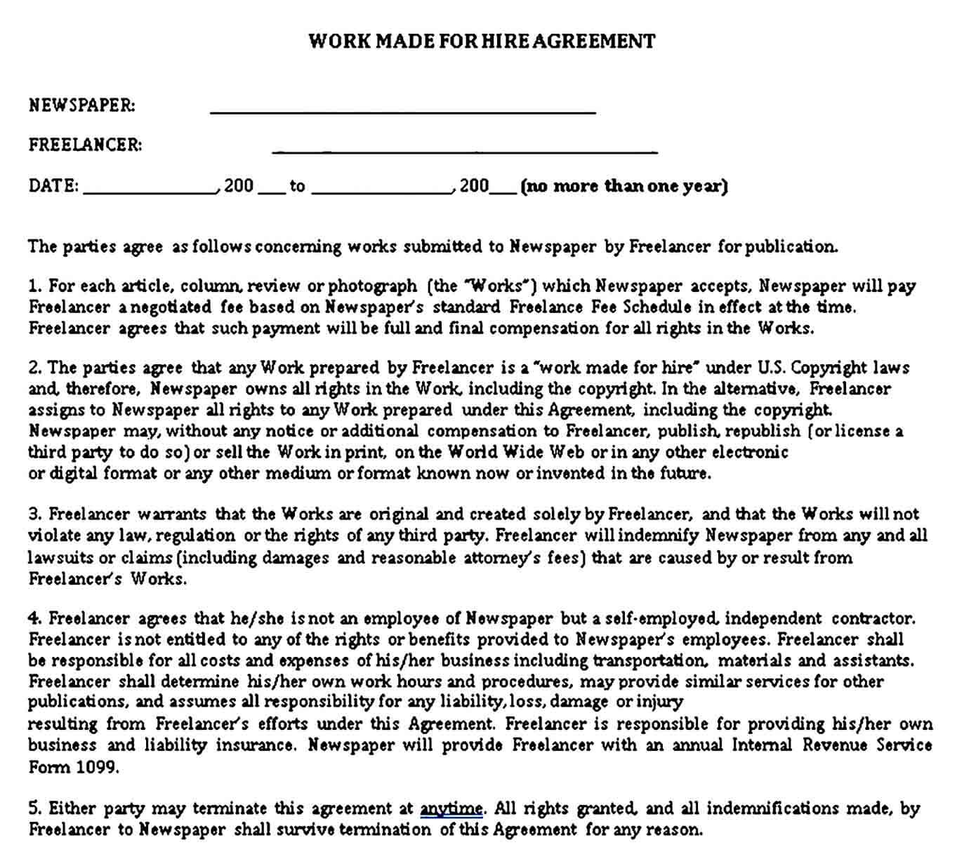 Work For Hire Agreement Example