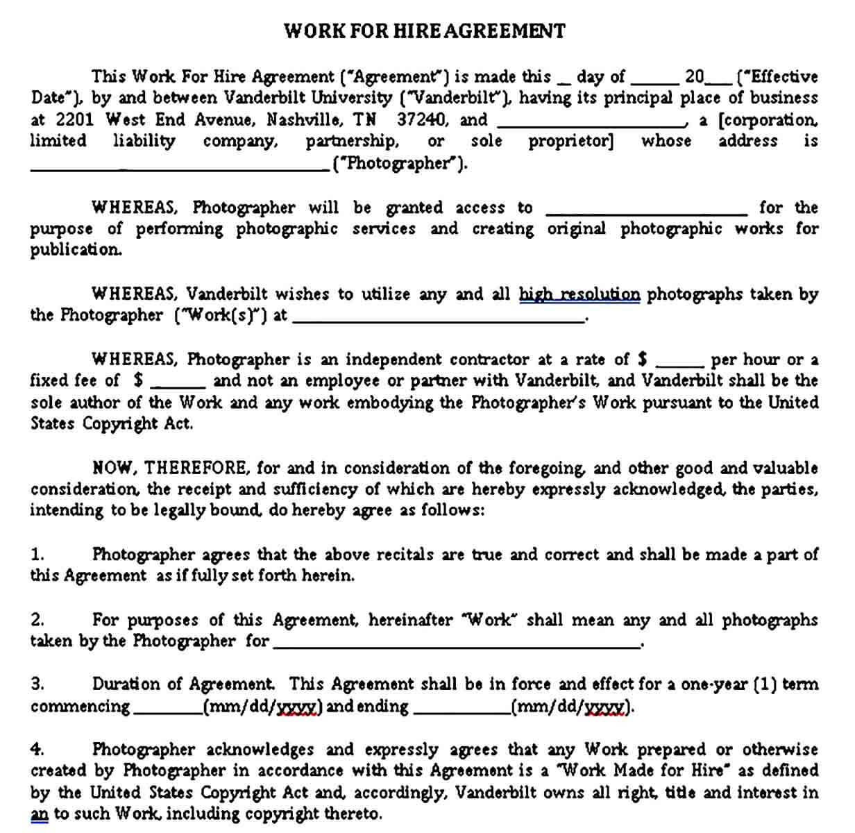 Work for Hire Agreement Format