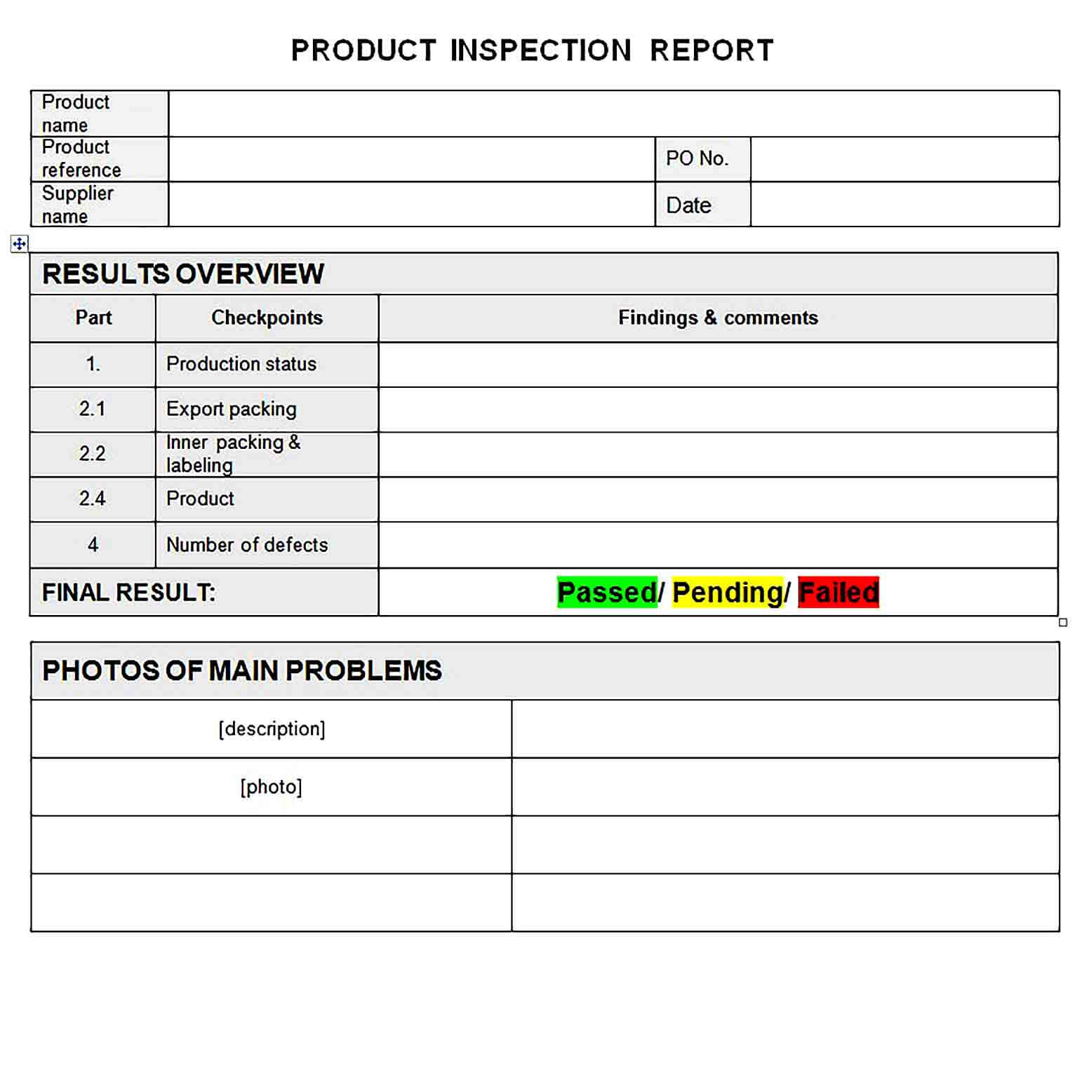 Product Inspection Report Word Template Free Download