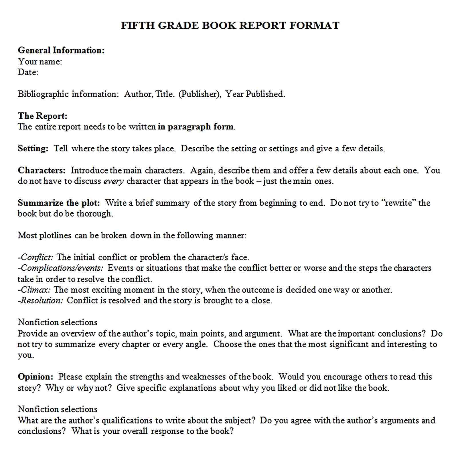 Sample 5th Grade Book Report Format
