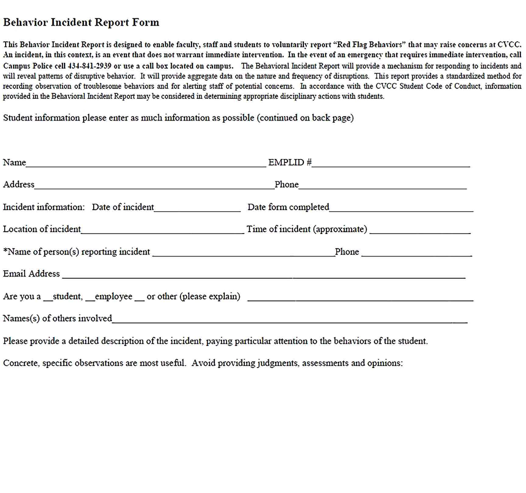 Sample Behavior Incident Report Form