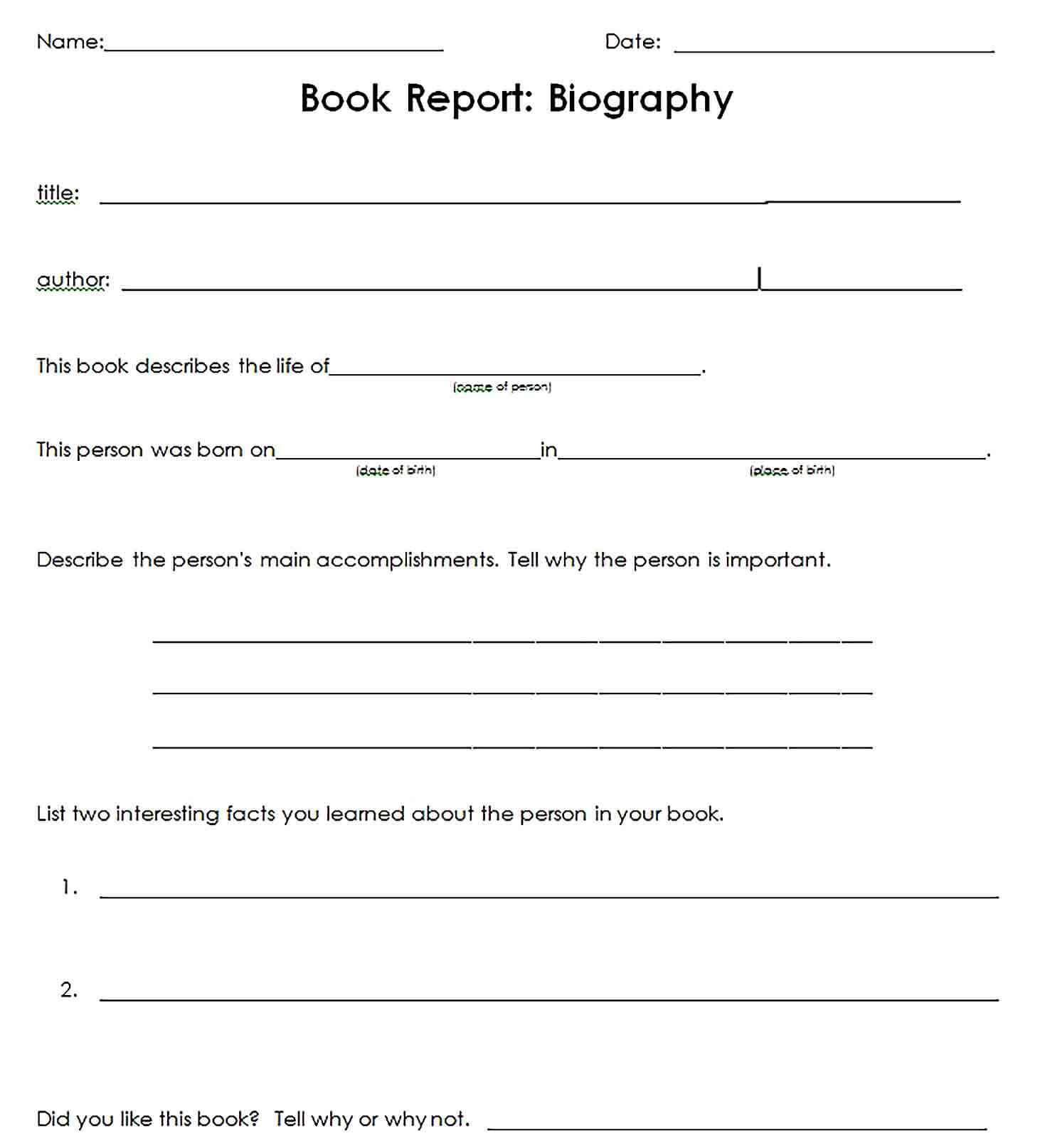 Sample Biography Book Report Format