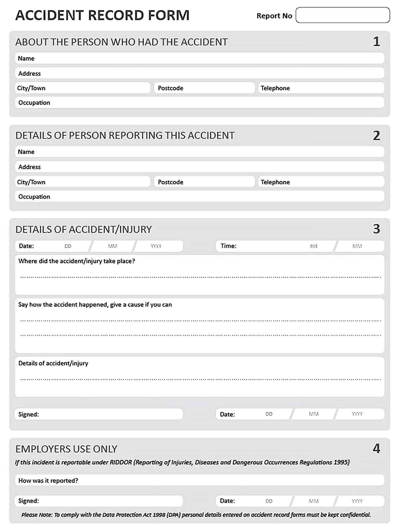 Sample Blank Accident Report Template