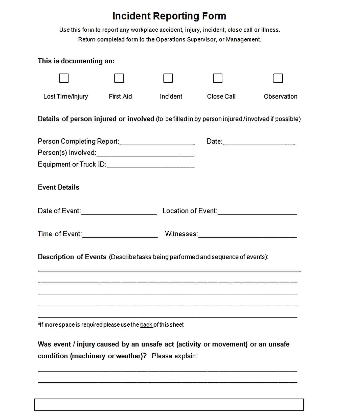 Sample Blank Employee Incident Reporting Form