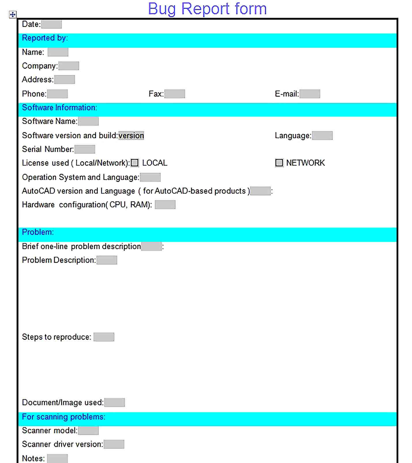 Sample Bug Report Form Template