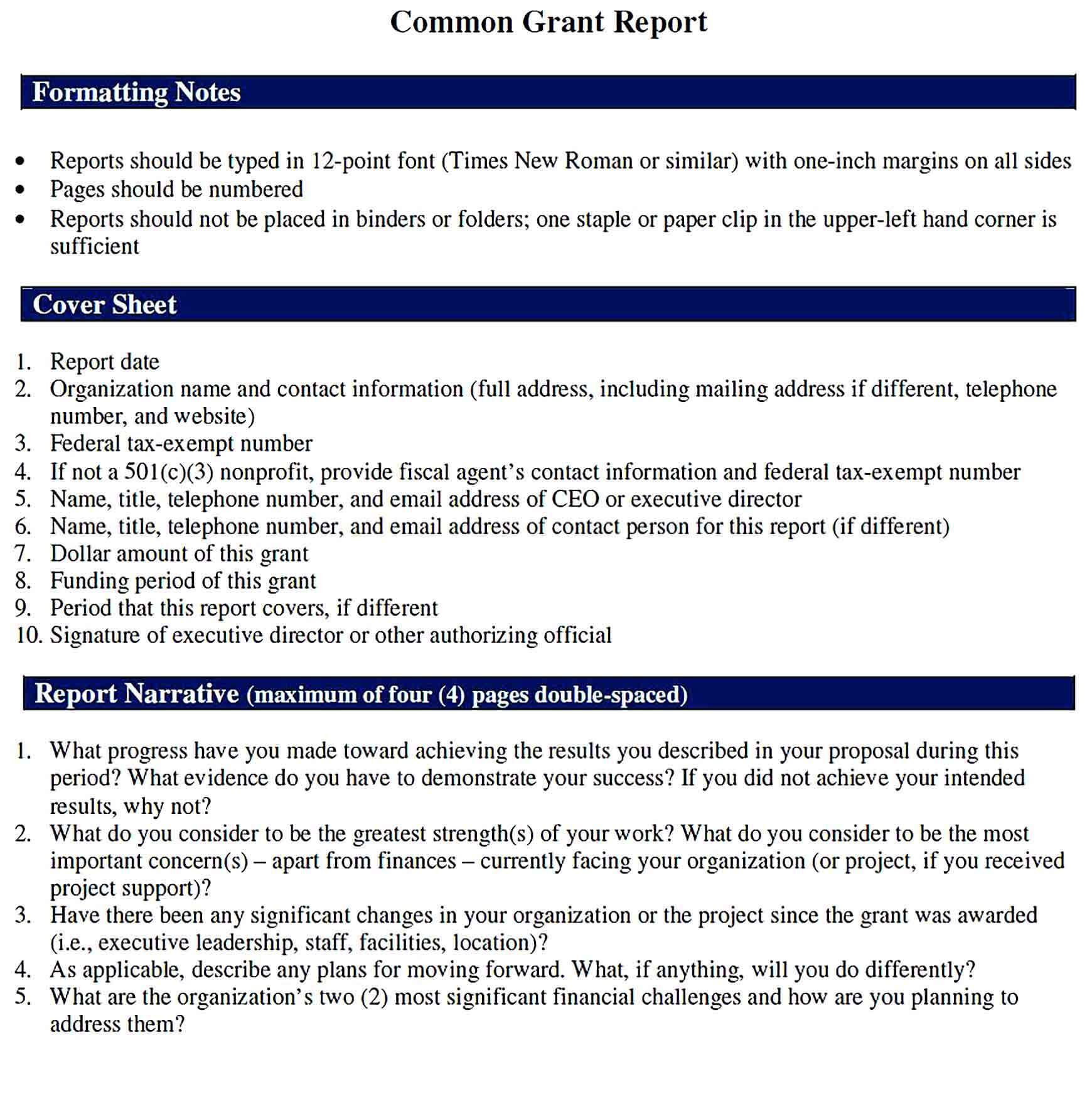 Sample Common Grant Report Template