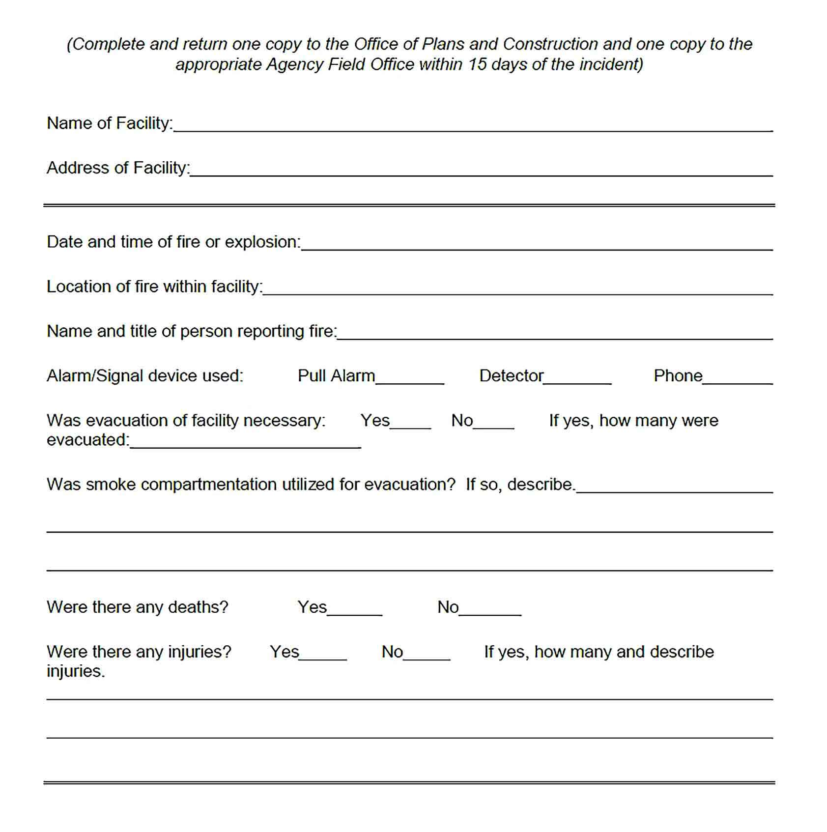 Sample Construction Fire Incident Report Template