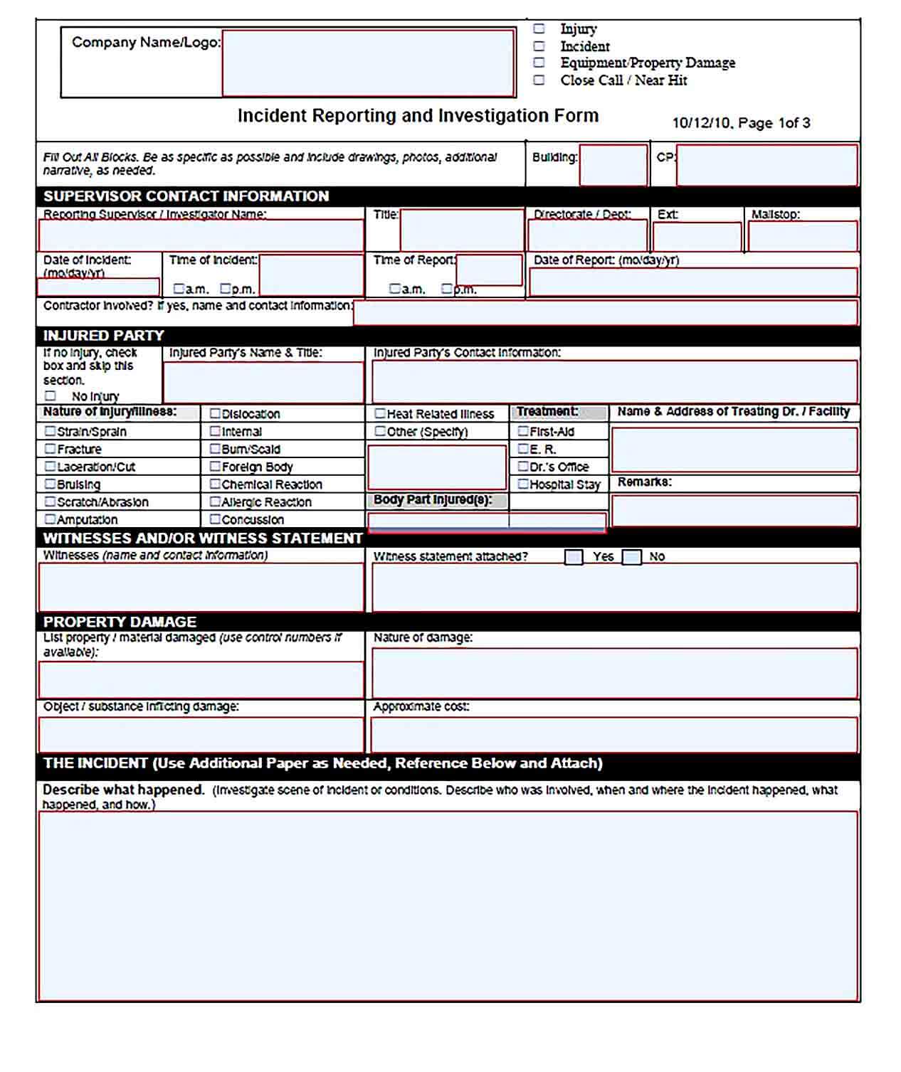 Sample Construction Incident Investigation Report Template