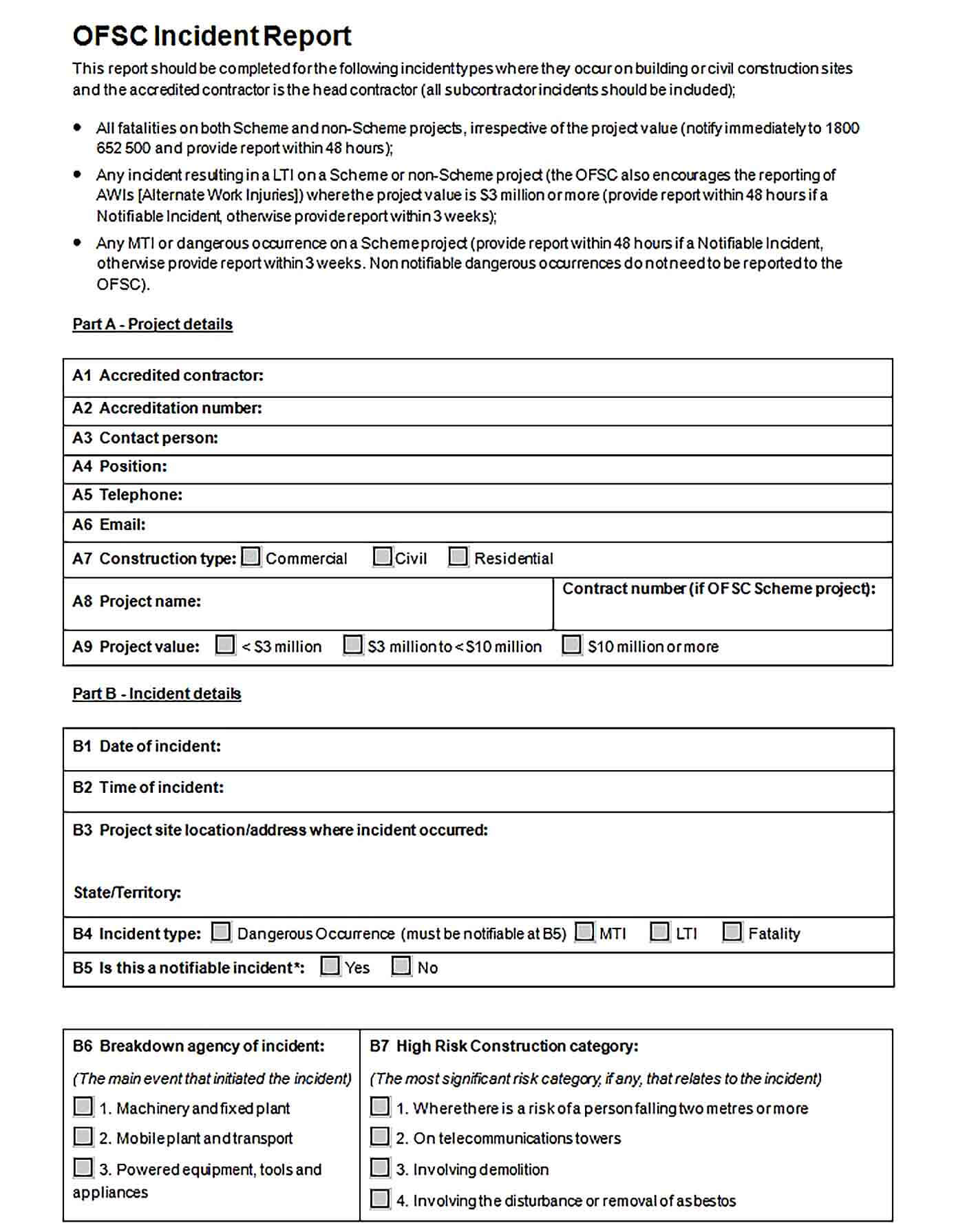 Sample Construction Incident Report Form Template