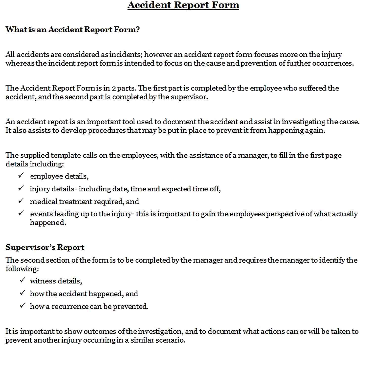 Sample Construction Job Site Incident Report Form