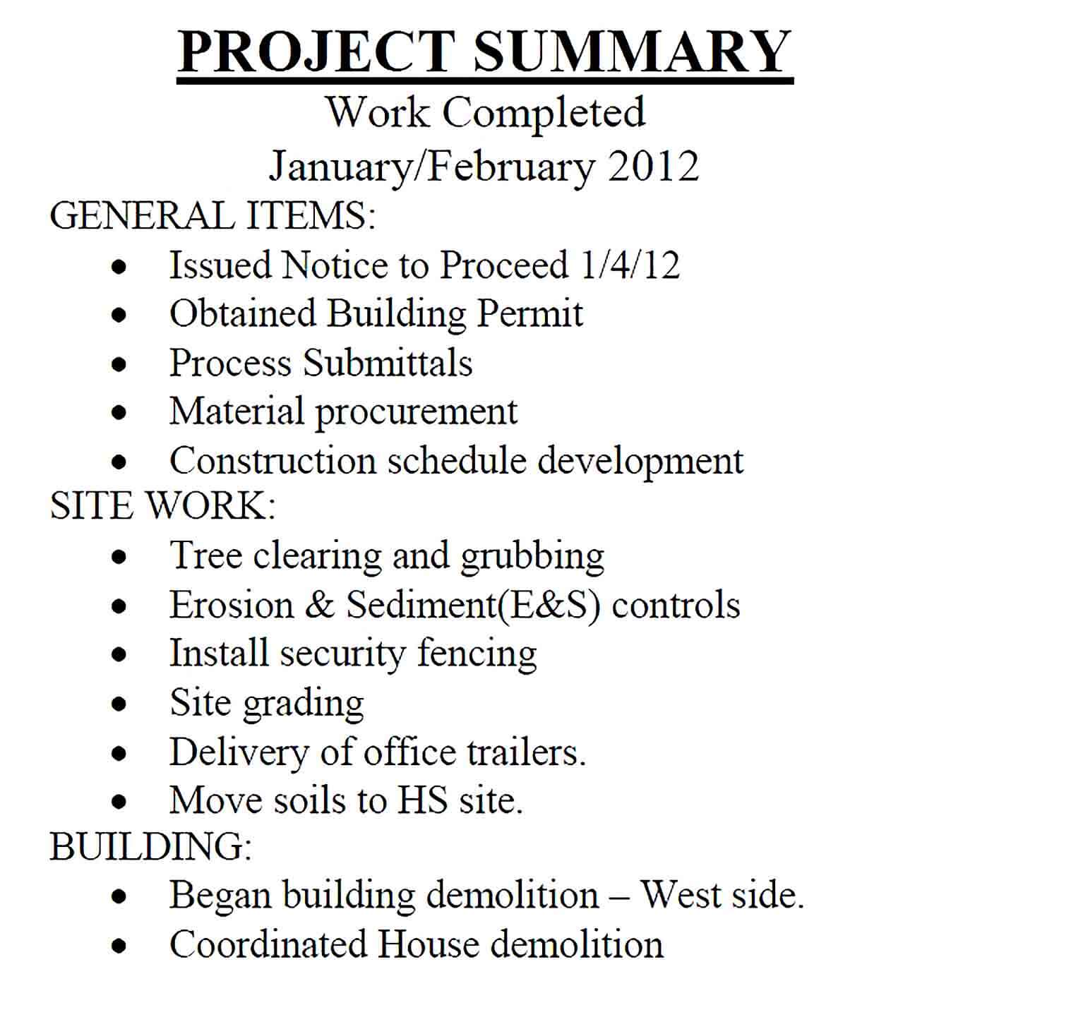 Sample Construction Monthly Progress Report