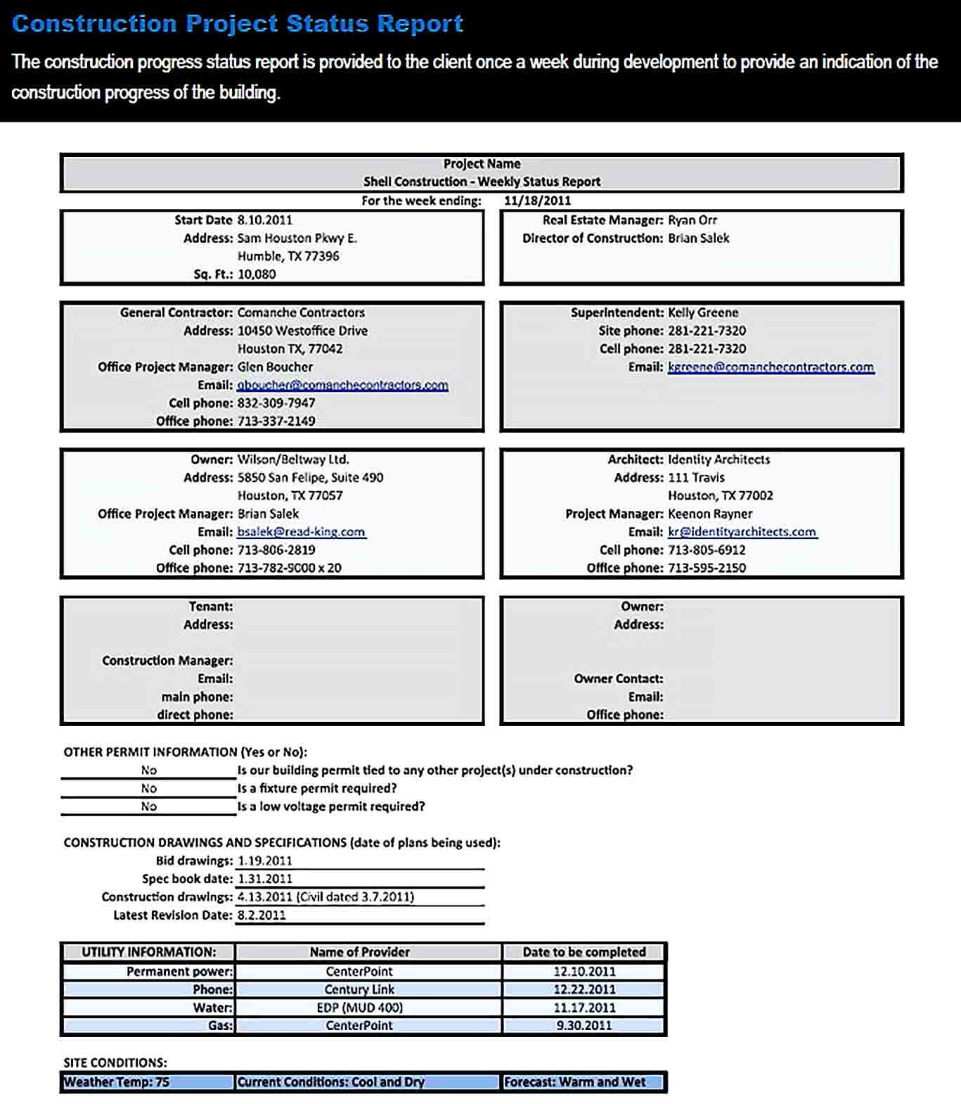 Sample Construction Project Status Report Template