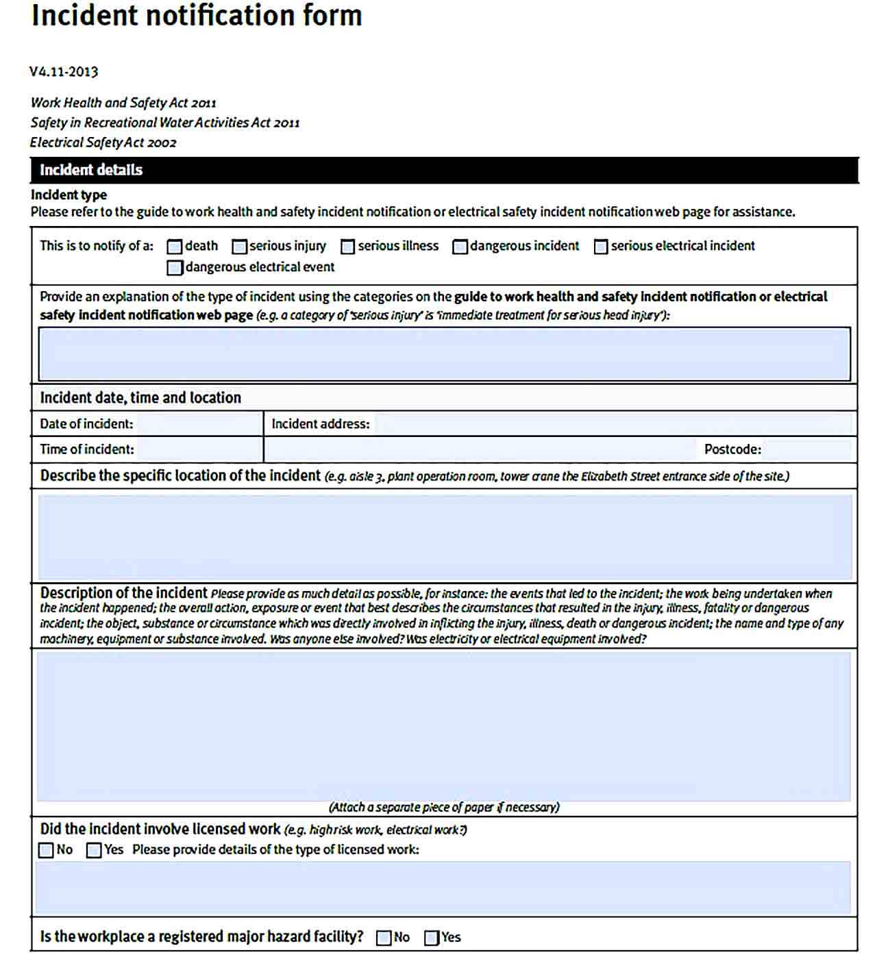 Sample Construction Safety Incident Report Form