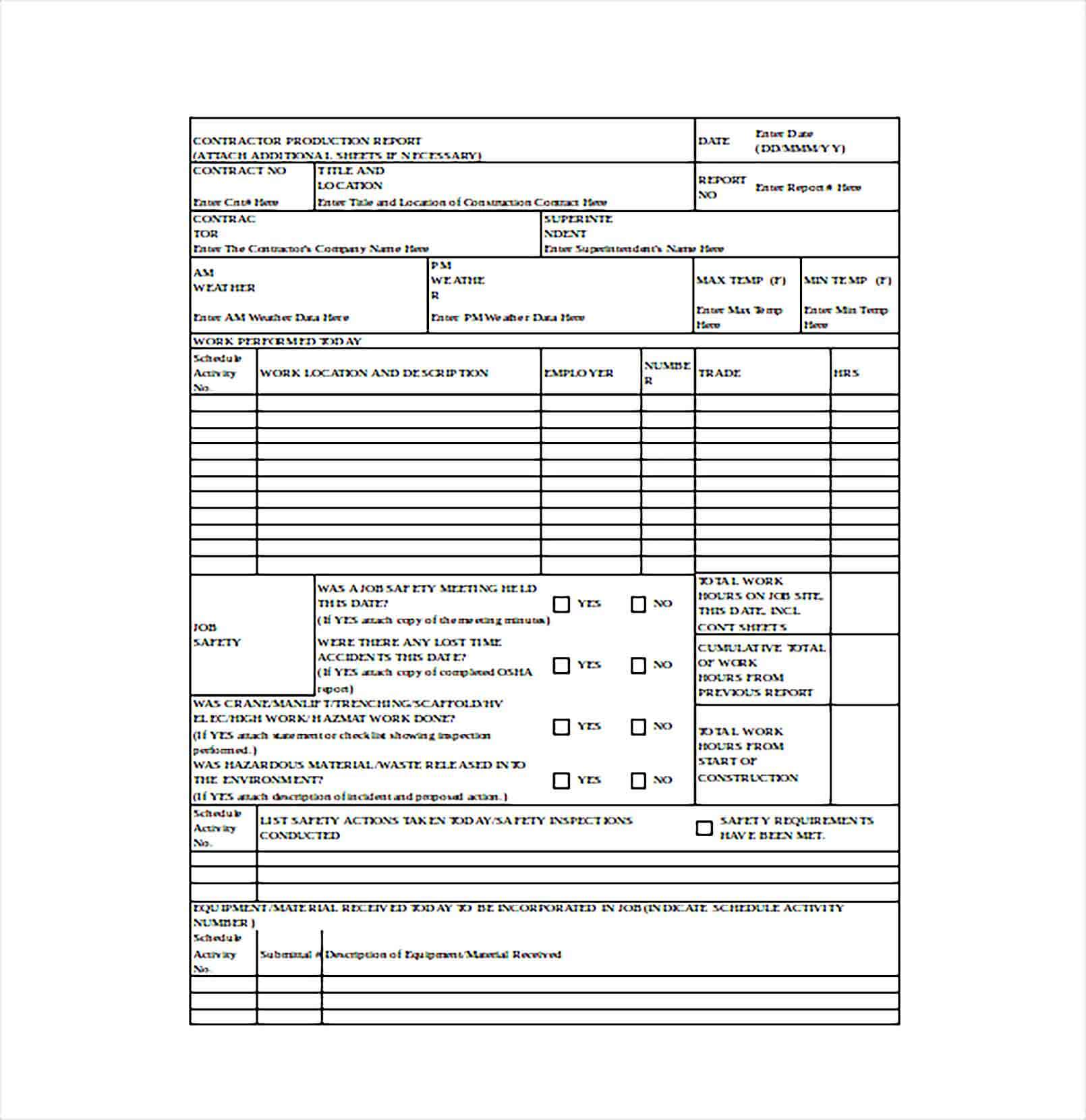 Sample Contractor Production Report Word Template