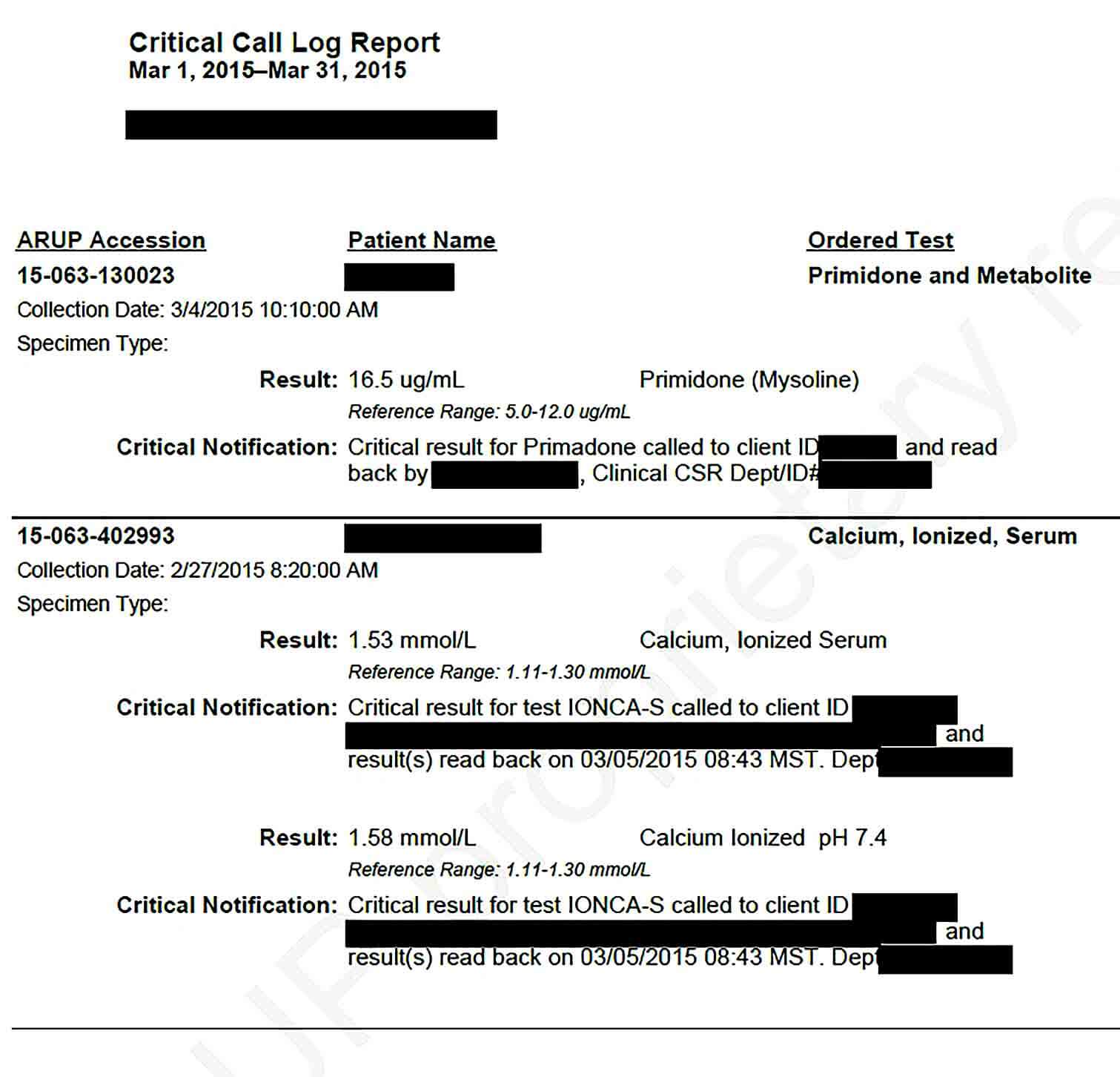 Sample Critical Call Log Report
