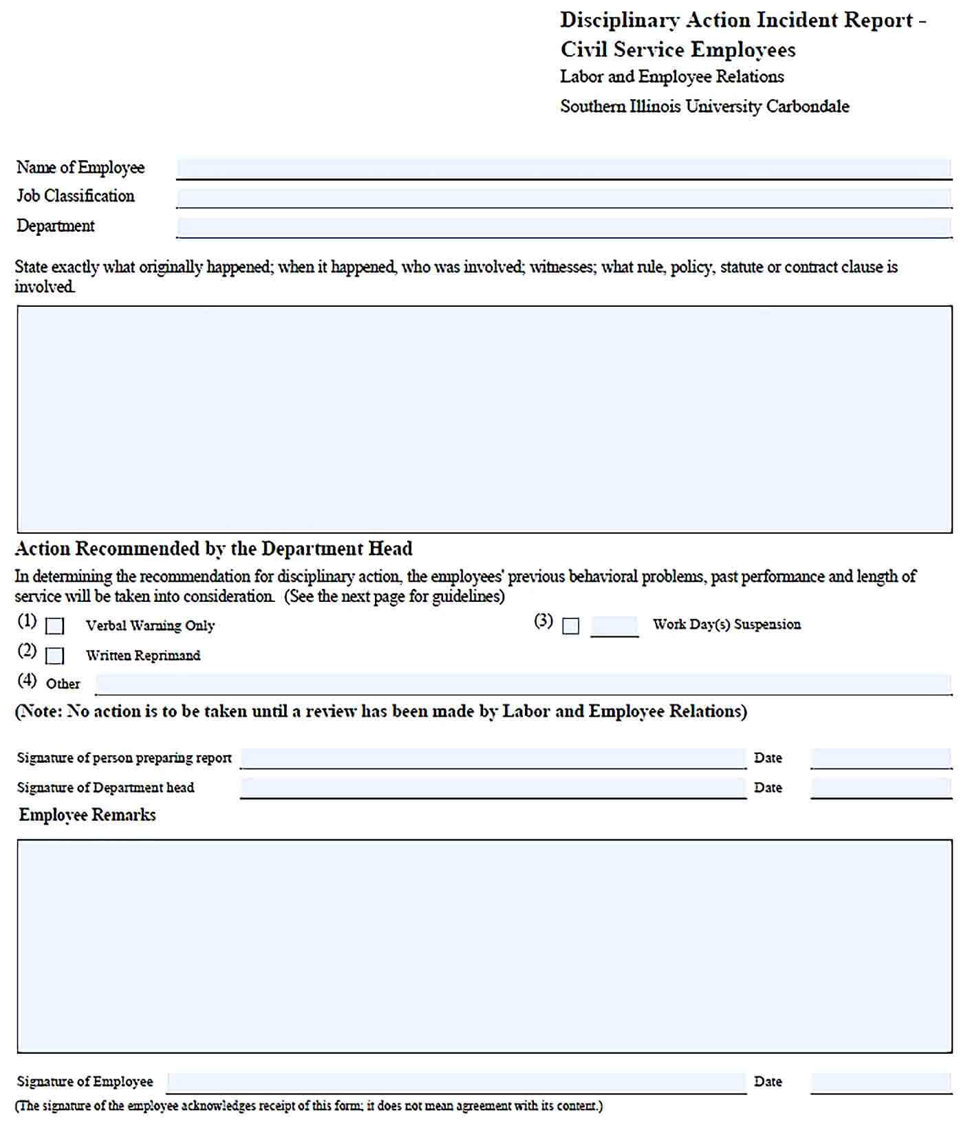 Sample Disciplinary Action Incident Report Template
