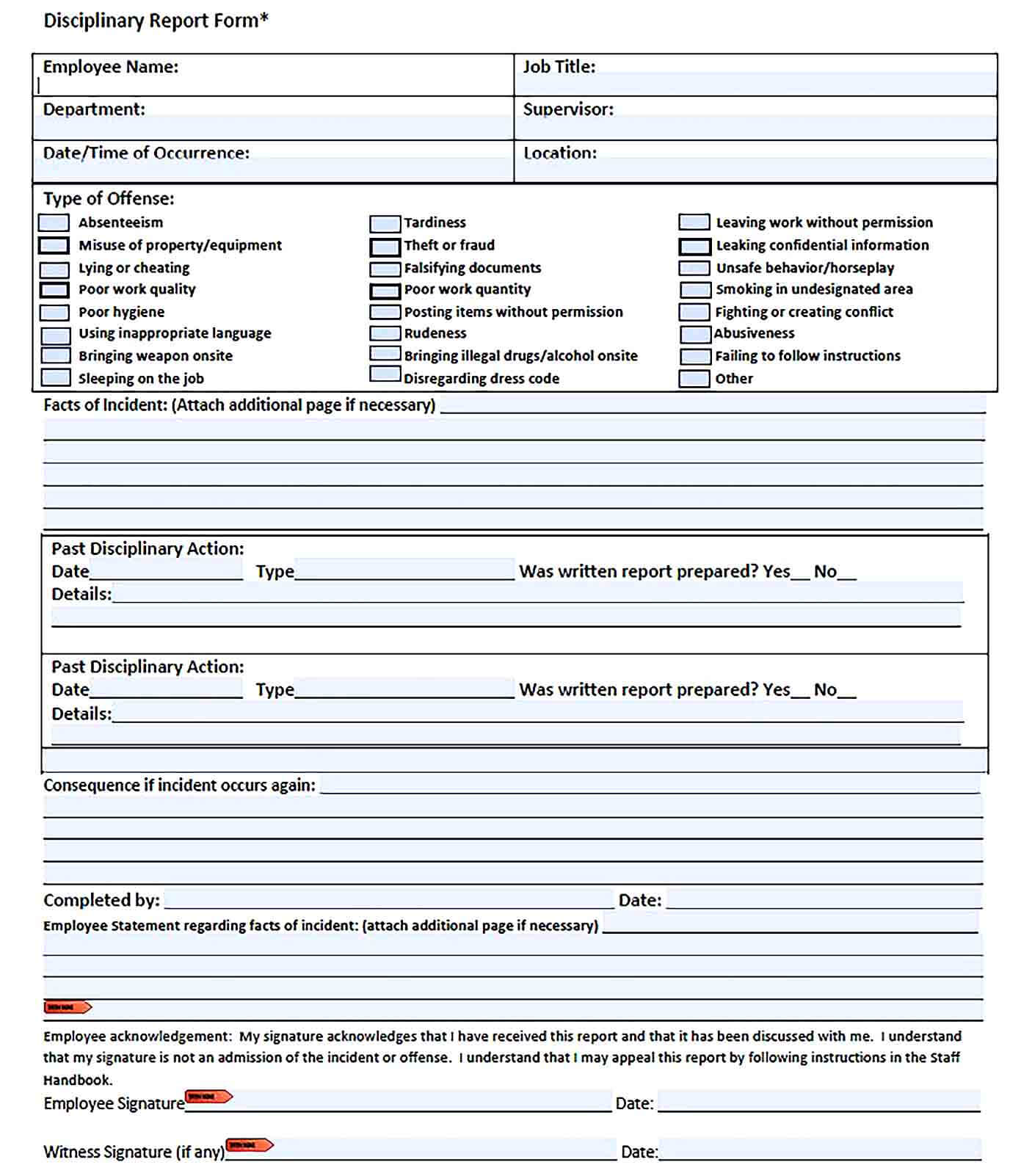 Sample Disciplinary Report Form.