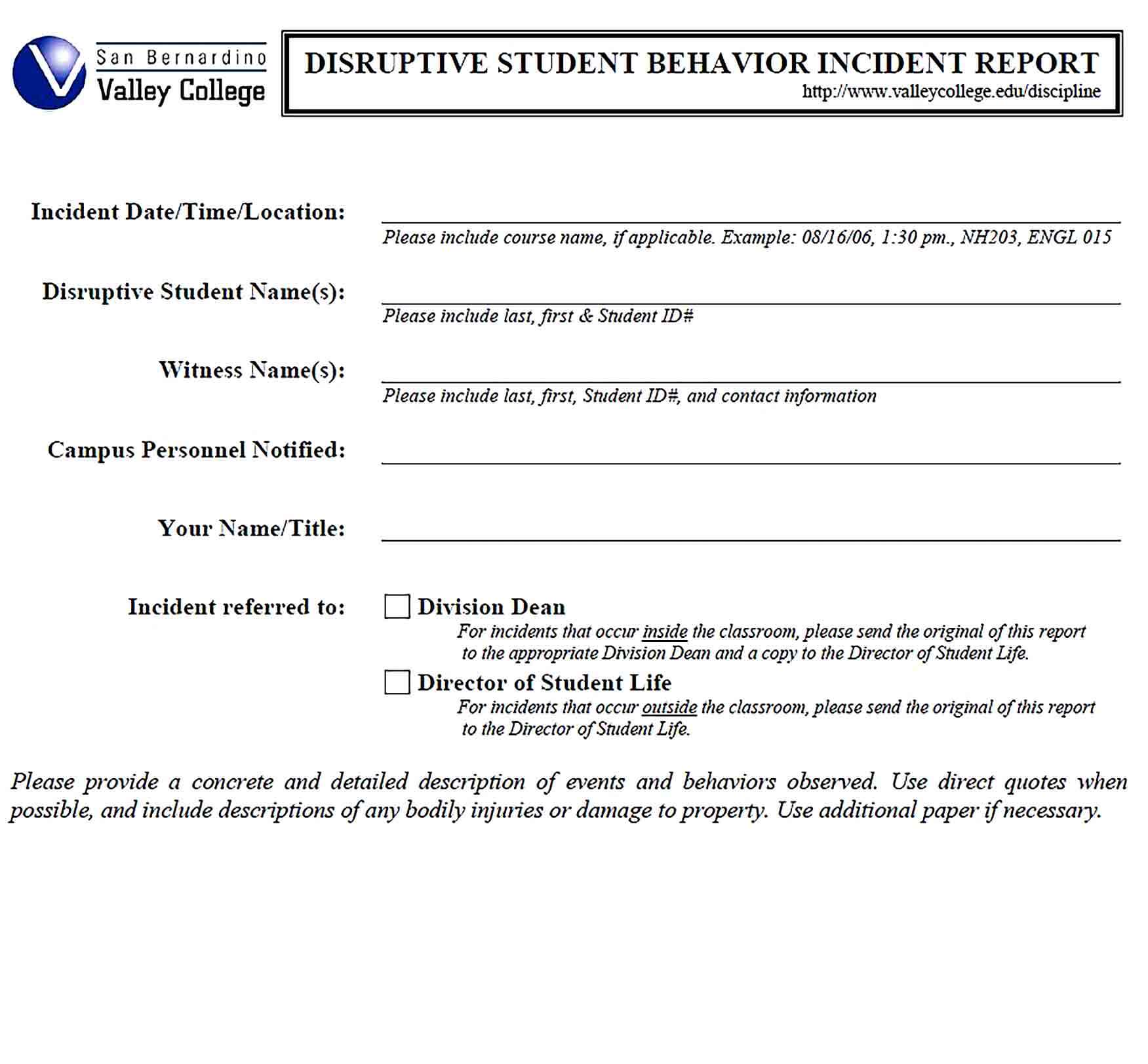 Sample Disruptive Student Behavior Incident Report Template