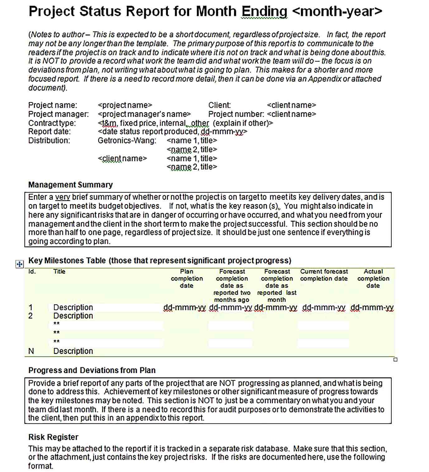 Sample Doc FOrmat Monthly Project Management Report Template
