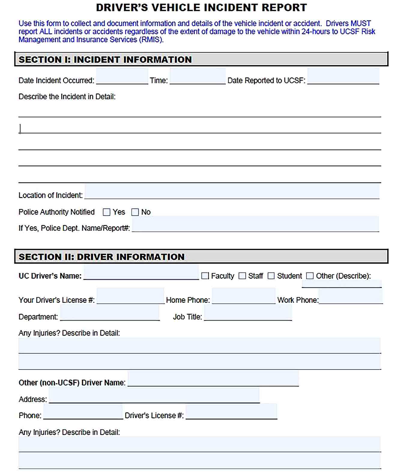 Sample Drivers Vehicle Incident Report Template