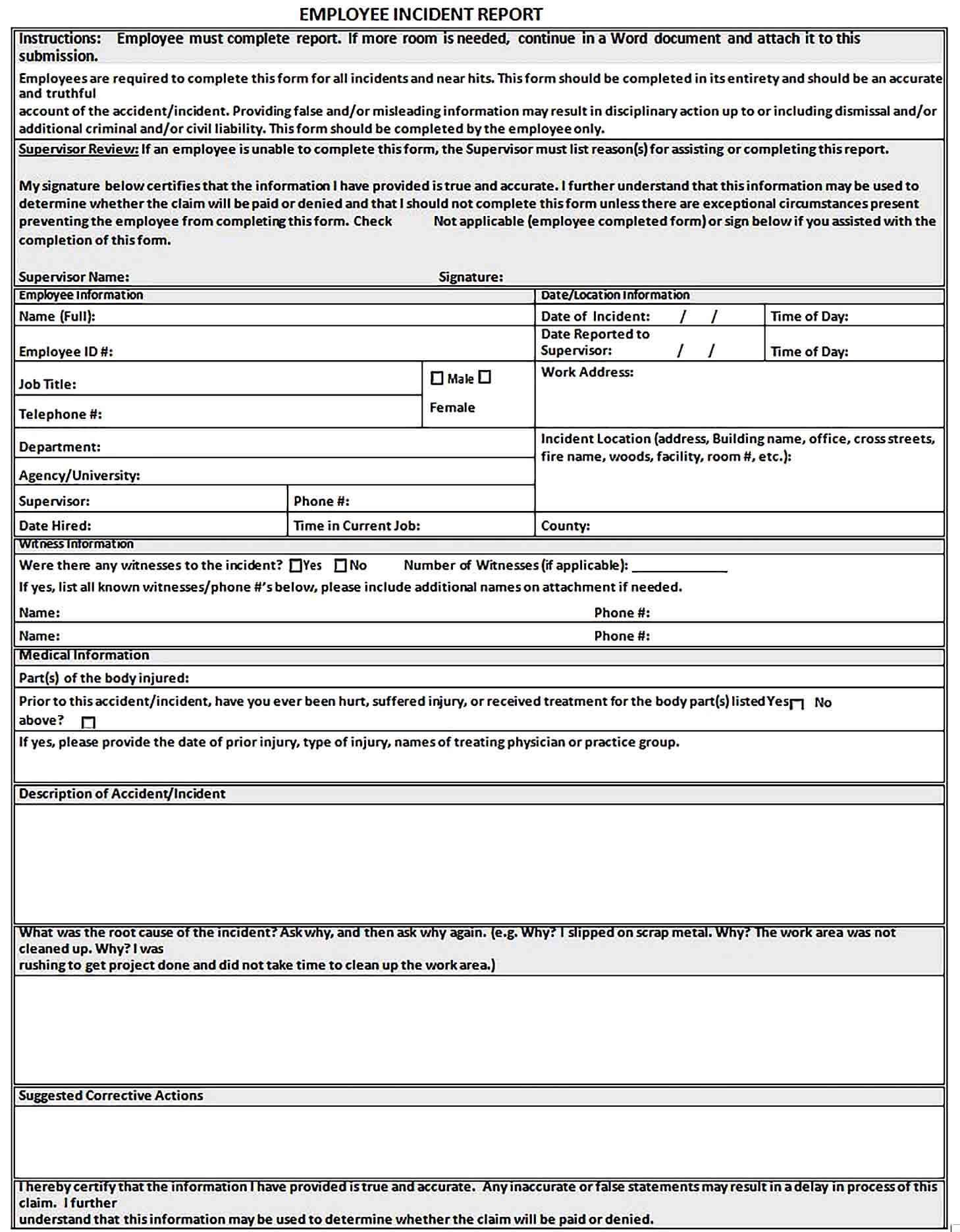 Sample Employee Incident Report Template in PDF