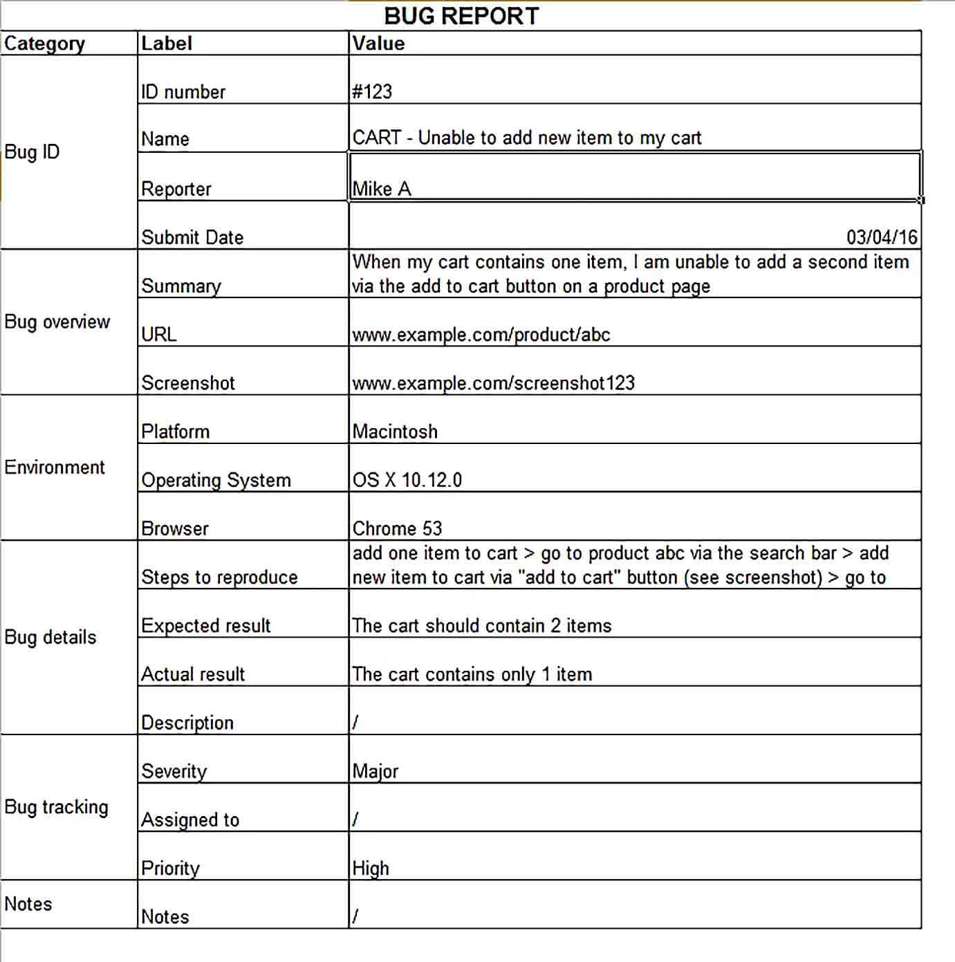 Sample Excel Bug Report Template