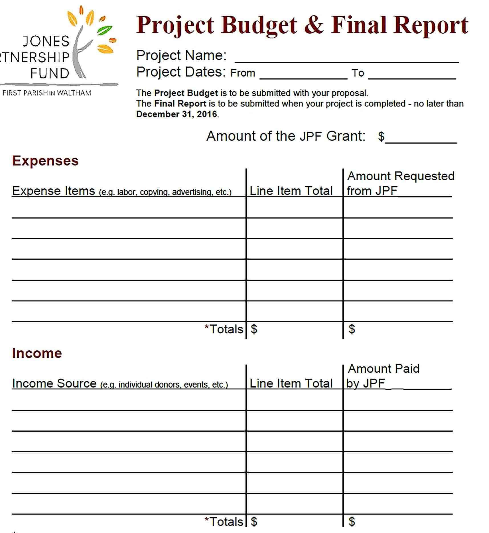 Sample Final Project Budget Report